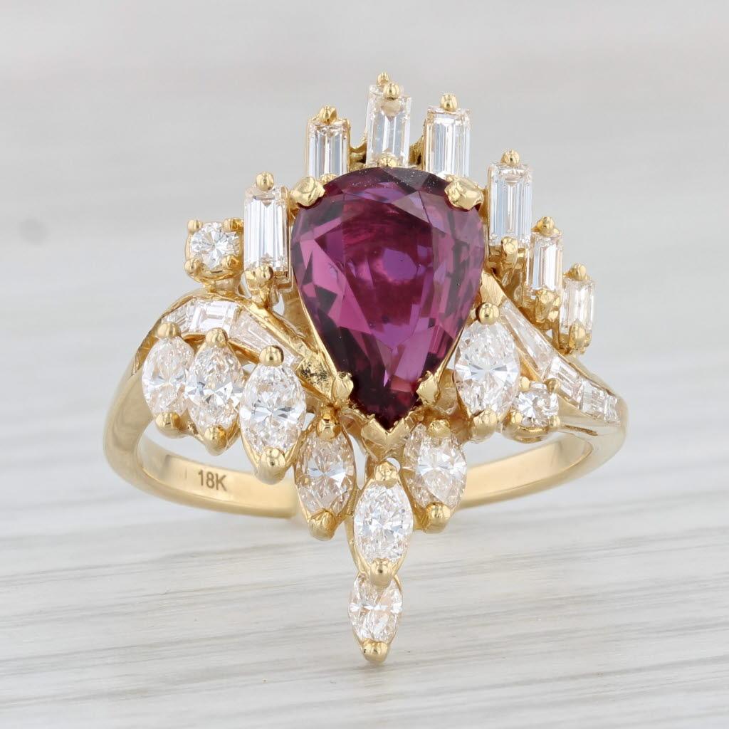 Pear Cut 3.48ctw Pear Ruby Diamond Cluster Cocktail Ring 18k Yellow Gold Size 7.5 GIA For Sale