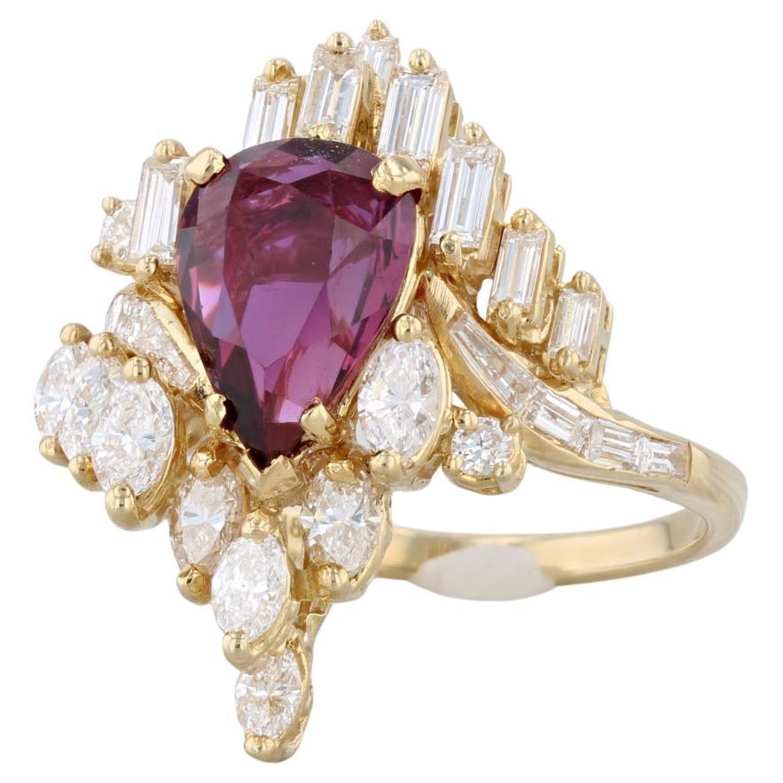 3.48ctw Pear Ruby Diamond Cluster Cocktail Ring 18k Yellow Gold Size 7.5 GIA For Sale