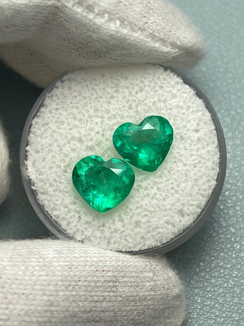 Emerald Cut 3.48tcw Pair of Heart-Cut Colombian Emeralds  Vivid Muzo Green Matching Gems For Sale