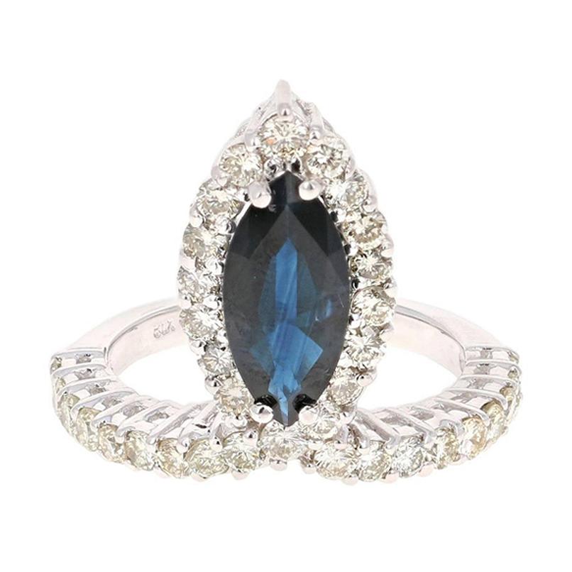 3.49 Carat Blue Sapphire Diamond White Gold Cocktail Ring