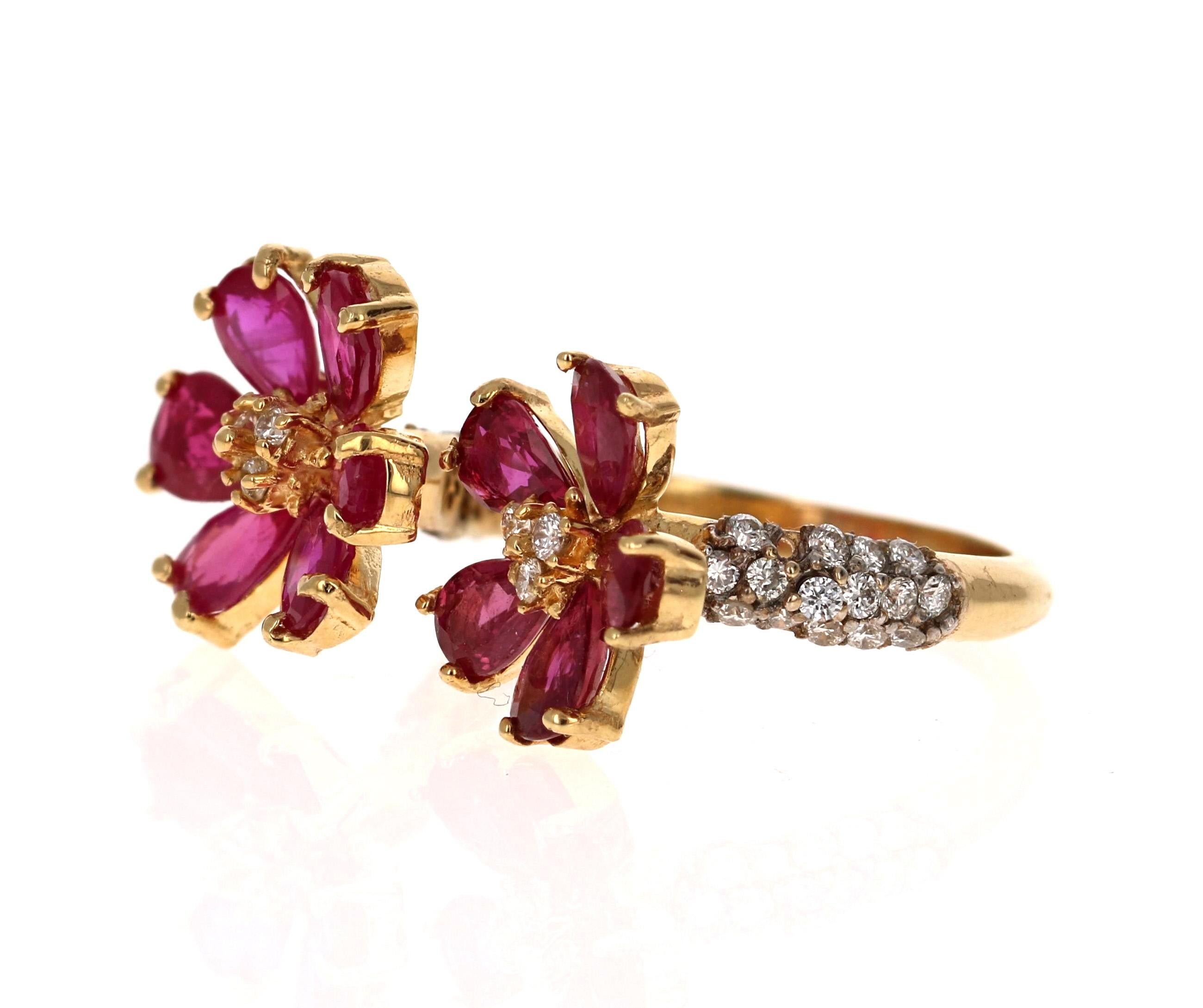 Contemporary 3.49 Carat Burmese Ruby Diamond 18 Karat Yellow Gold Cocktail Ring For Sale