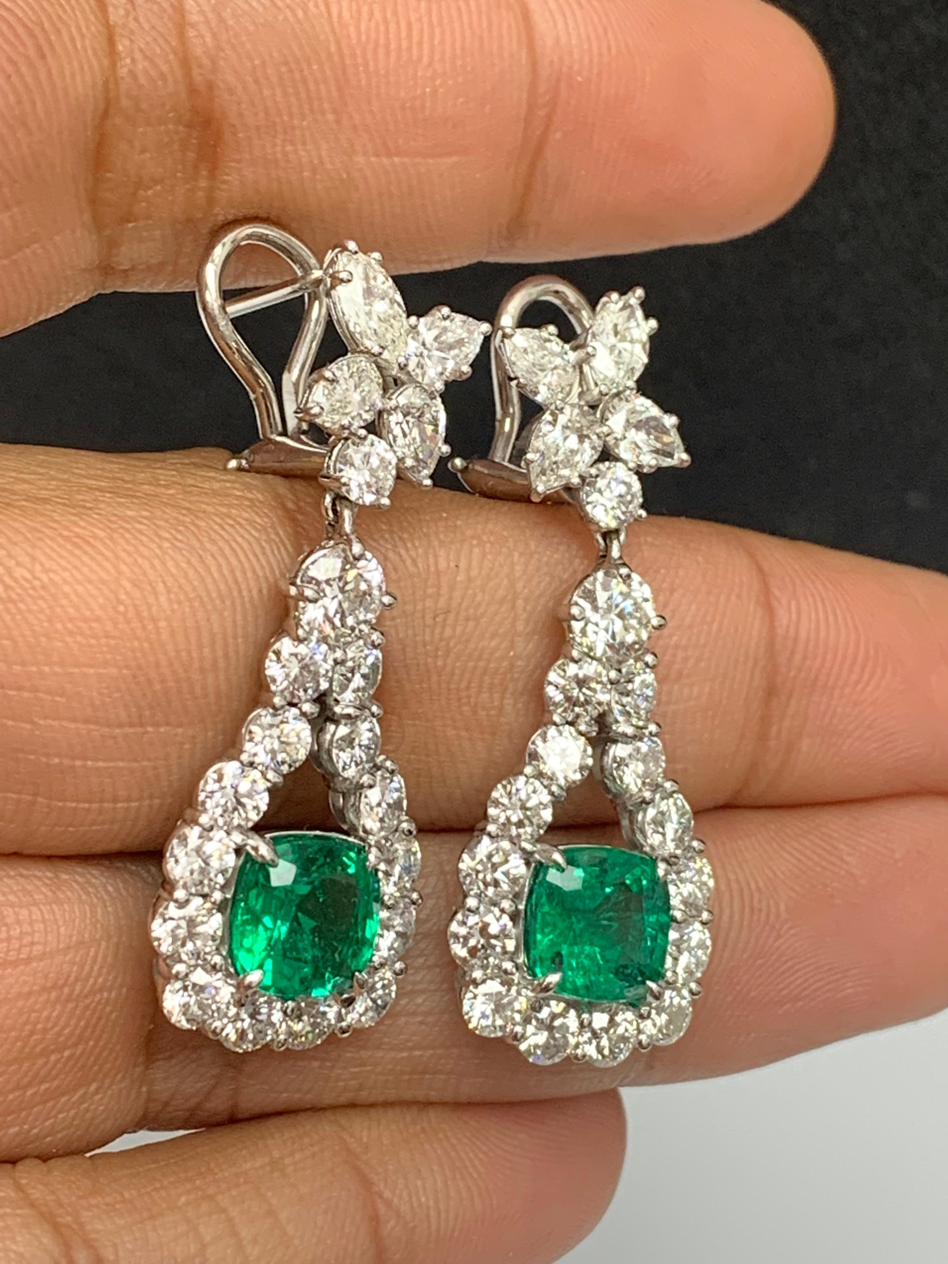 Women's 3.49 Carat Cushion Cut Emerald and Diamond Drop Earrings in 18K White Gold For Sale