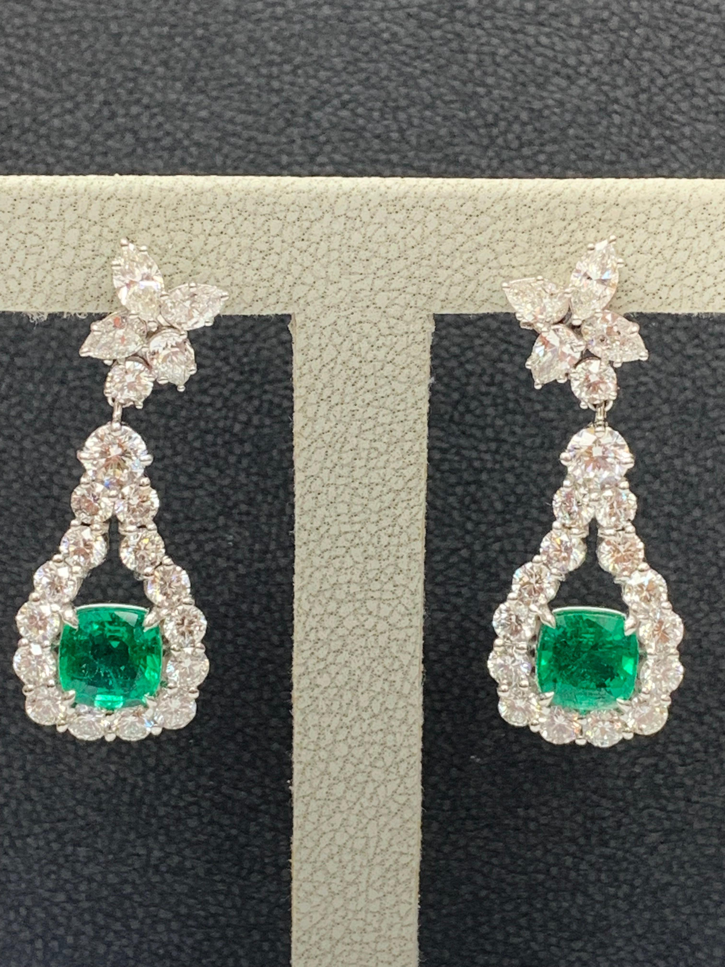 3.49 Carat Cushion Cut Emerald and Diamond Drop Earrings in 18K White Gold For Sale 1