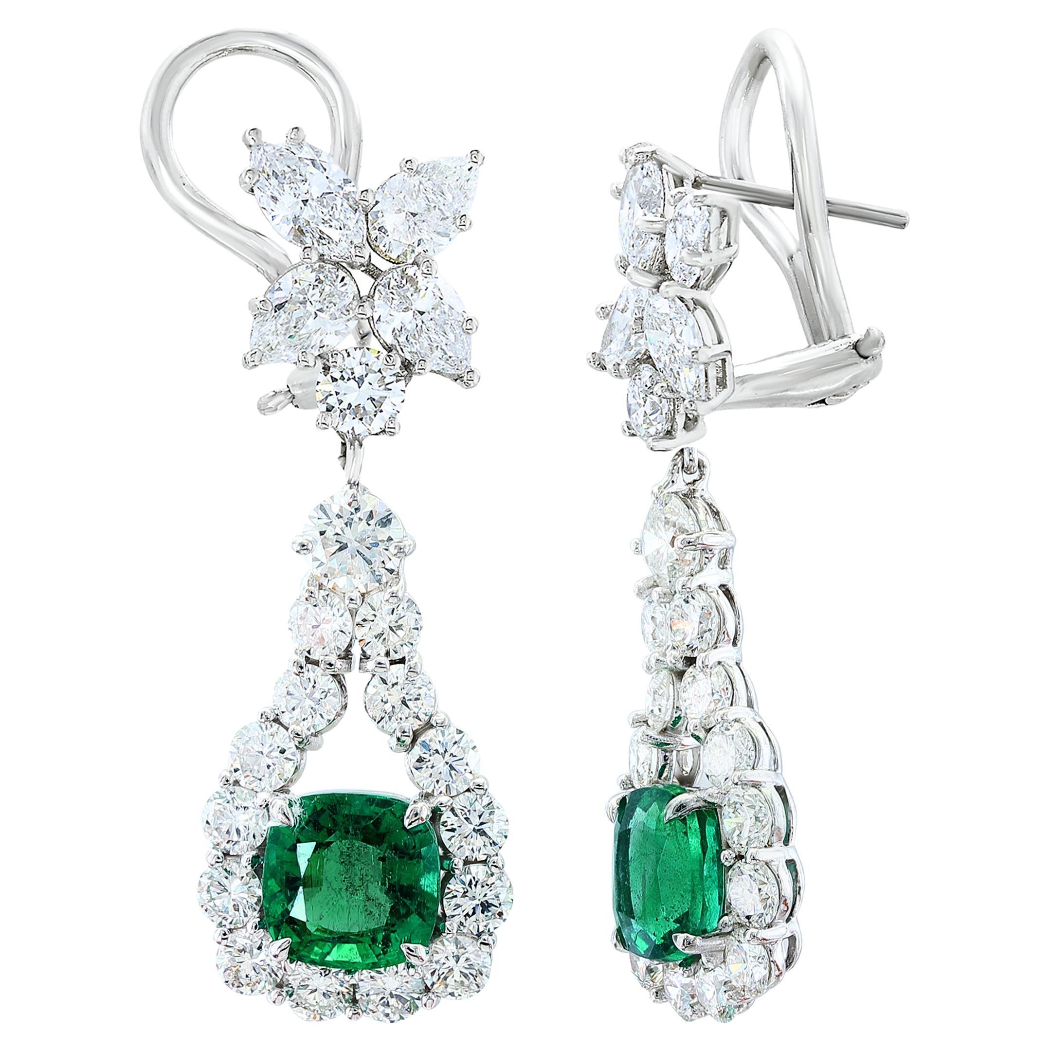 3.49 Carat Cushion Cut Emerald and Diamond Drop Earrings in 18K White Gold For Sale