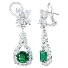 3.49 Carat Cushion Cut Emerald and Diamond Drop Earrings in 18K White Gold