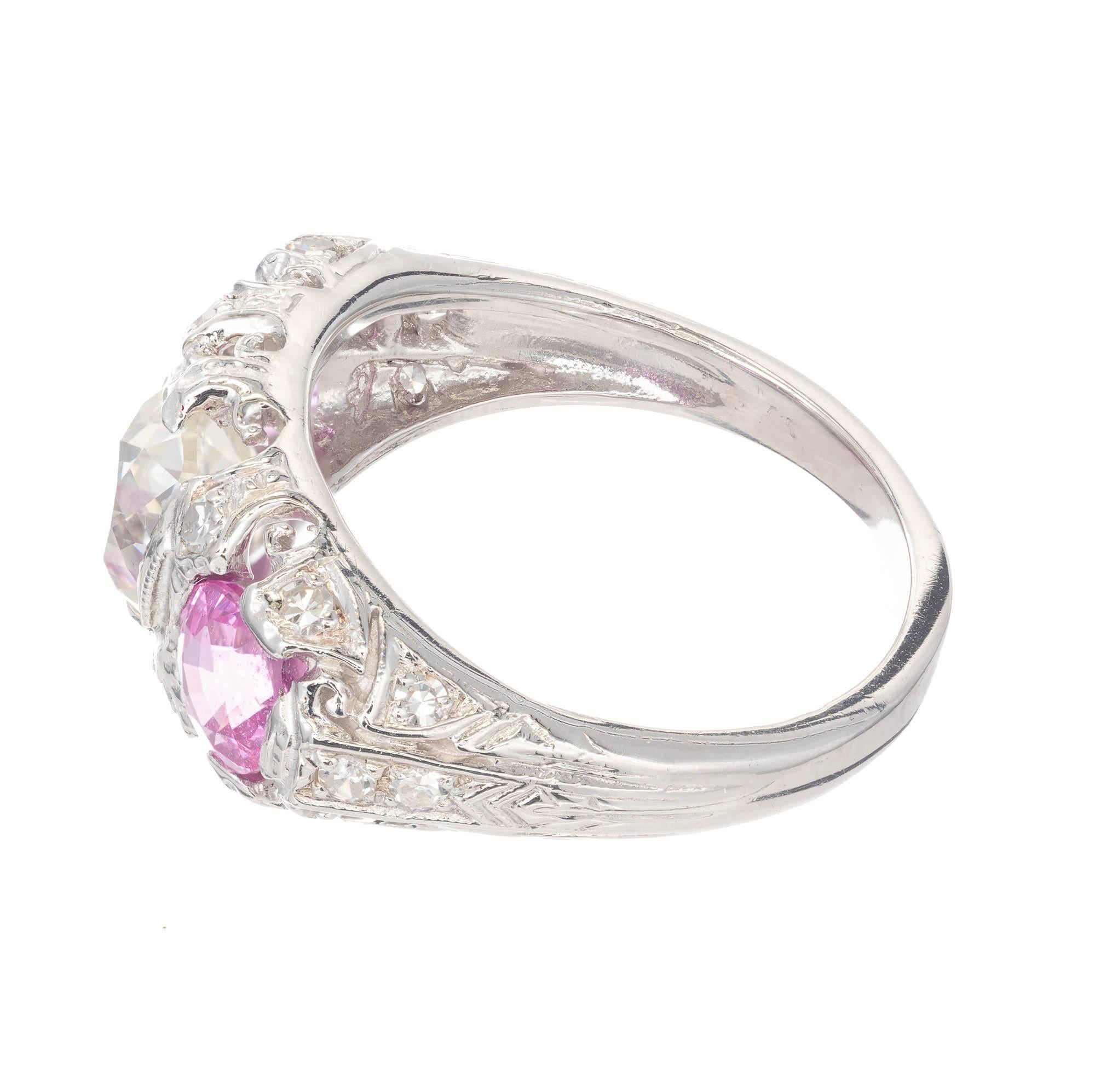 Old Mine Cut 3.49 Carat Diamond Pink Sapphire Diamond Platinum Three-Stone Engagement Ring
