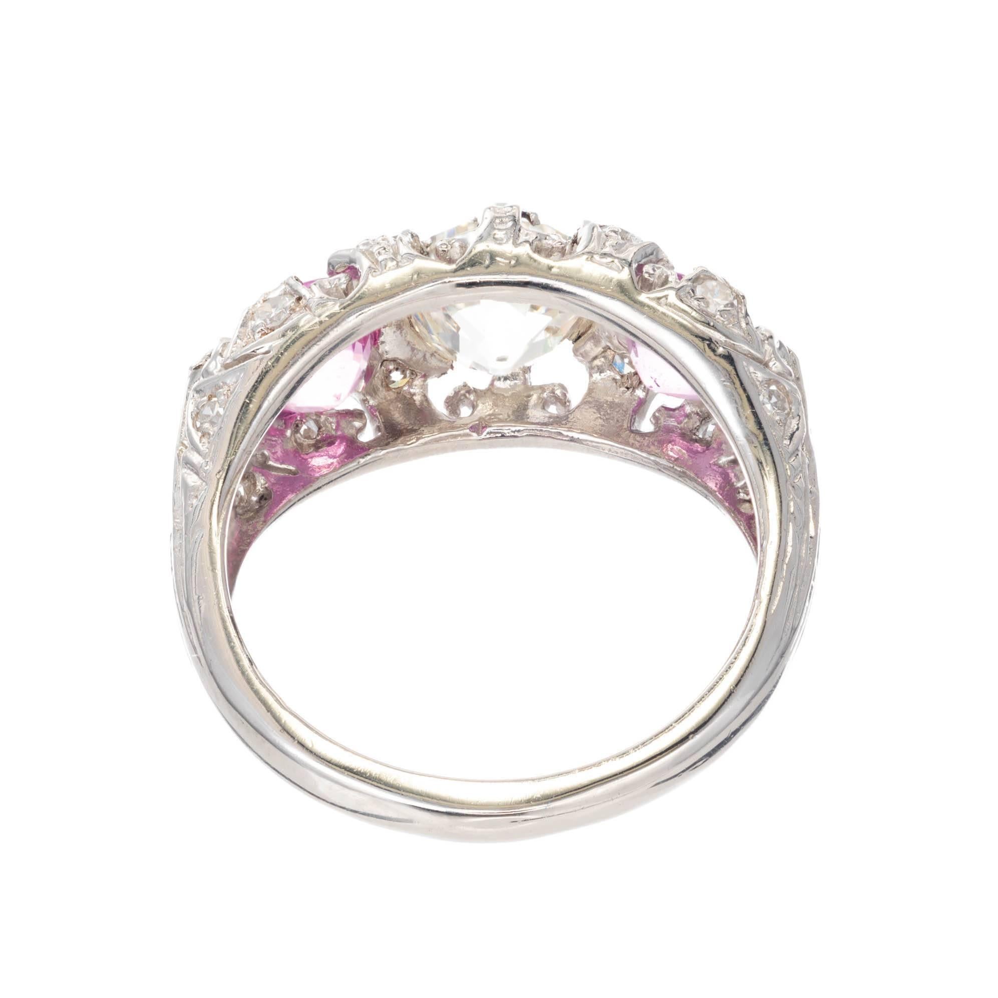 3.49 Carat Diamond Pink Sapphire Diamond Platinum Three-Stone Engagement Ring In Good Condition In Stamford, CT