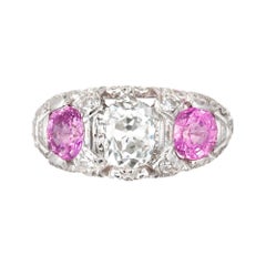 Vintage 3.49 Carat Diamond Pink Sapphire Diamond Platinum Three-Stone Engagement Ring