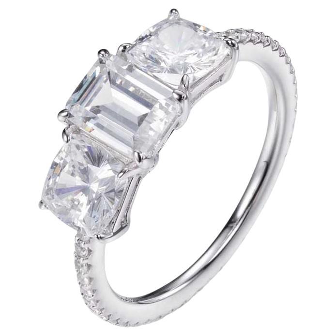  3.49 Carat Emerald Cut Cubic Zirconia Lustre Designer 3 Stone Engagement Ring For Sale