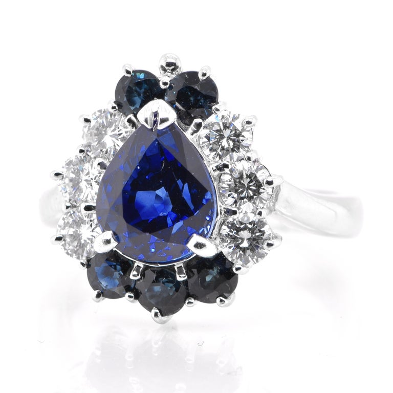 A beautiful ring featuring a 3.49 Carat Natural Blue Sapphire and 1.03 Carats Diamond Accents set in Platinum. Sapphires have extraordinary durability - they excel in hardness as well as toughness and durability making them very popular in jewelry.