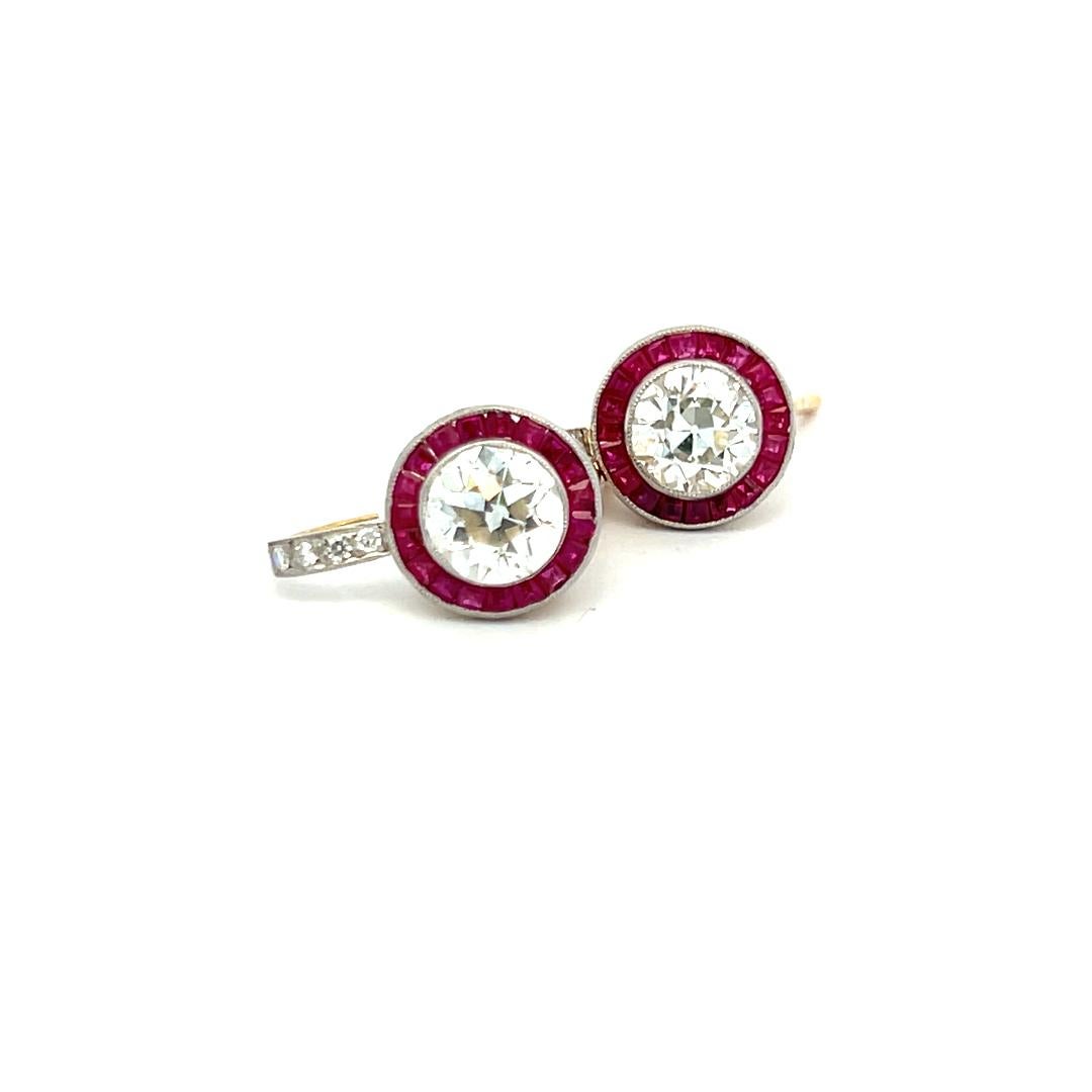 3.49 Carat Old European Cut Diamond 0.40 Carat Ruby 18K Gold/Plat Earrings For Sale 6