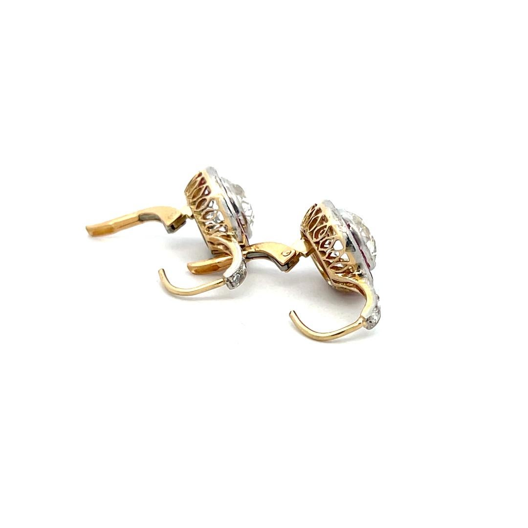 3.49 Carat Old European Cut Diamond 0.40 Carat Ruby 18K Gold/Plat Earrings For Sale 7