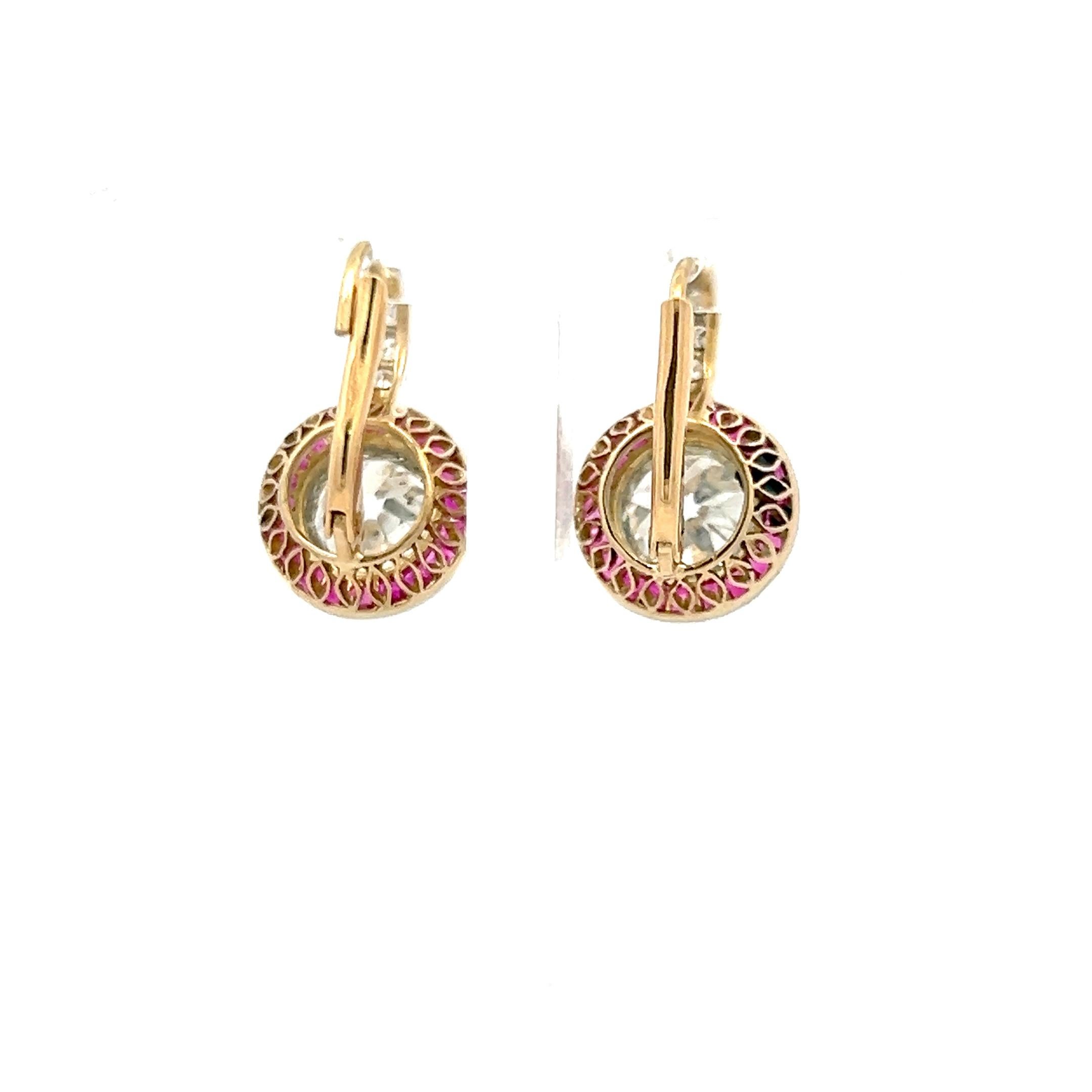 3.49 Carat Old European Cut Diamond 0.40 Carat Ruby 18K Gold/Plat Earrings In Good Condition For Sale In New York, NY