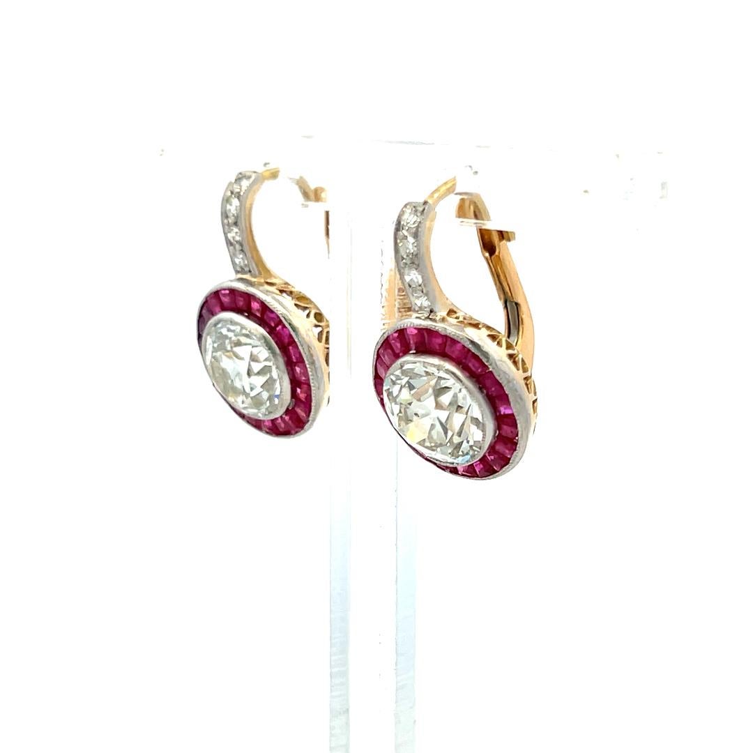 3.49 Carat Old European Cut Diamond 0.40 Carat Ruby 18K Gold/Plat Earrings For Sale 2