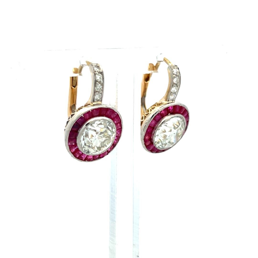 3.49 Carat Old European Cut Diamond 0.40 Carat Ruby 18K Gold/Plat Earrings For Sale 3