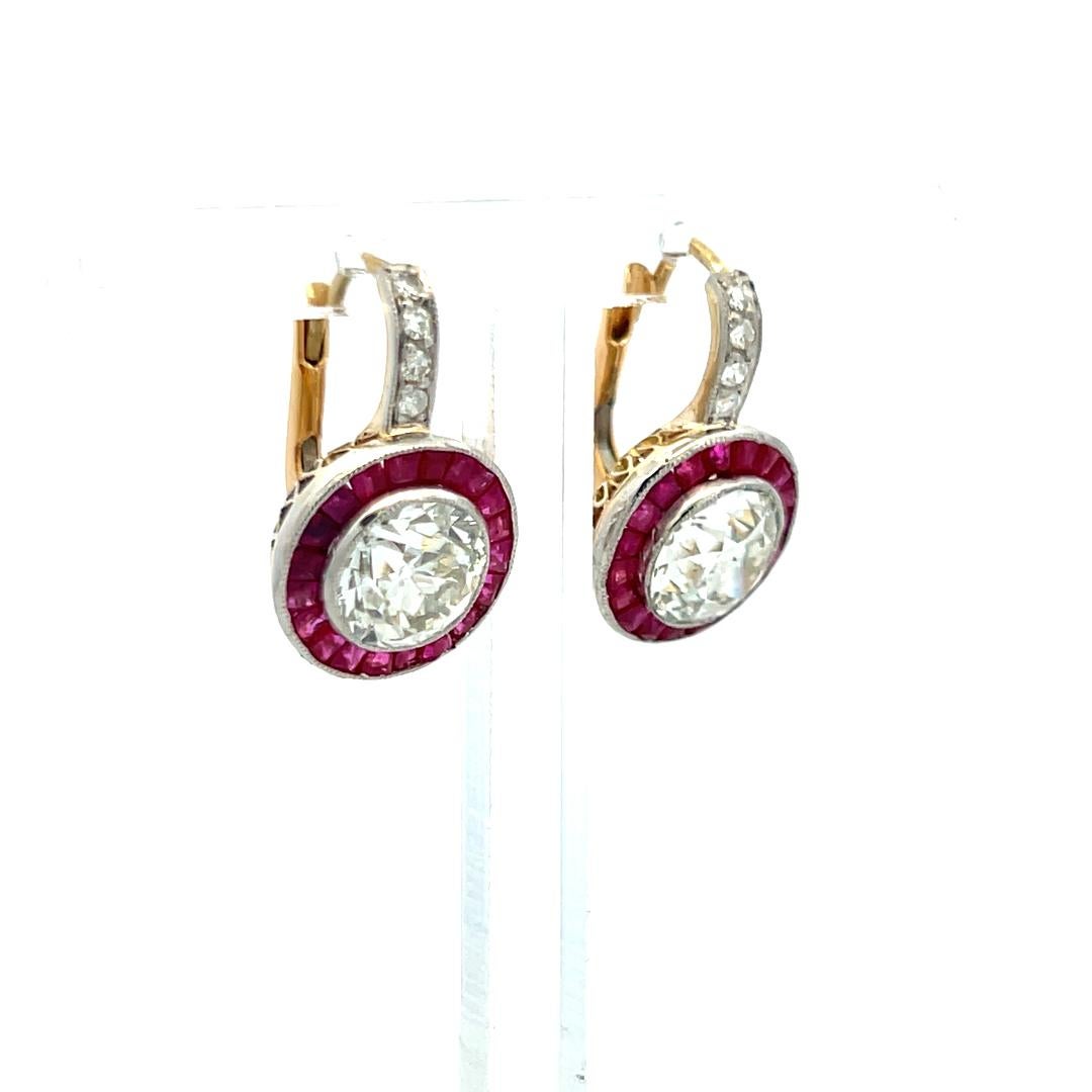 3.49 Carat Old European Cut Diamond 0.40 Carat Ruby 18K Gold/Plat Earrings For Sale 4