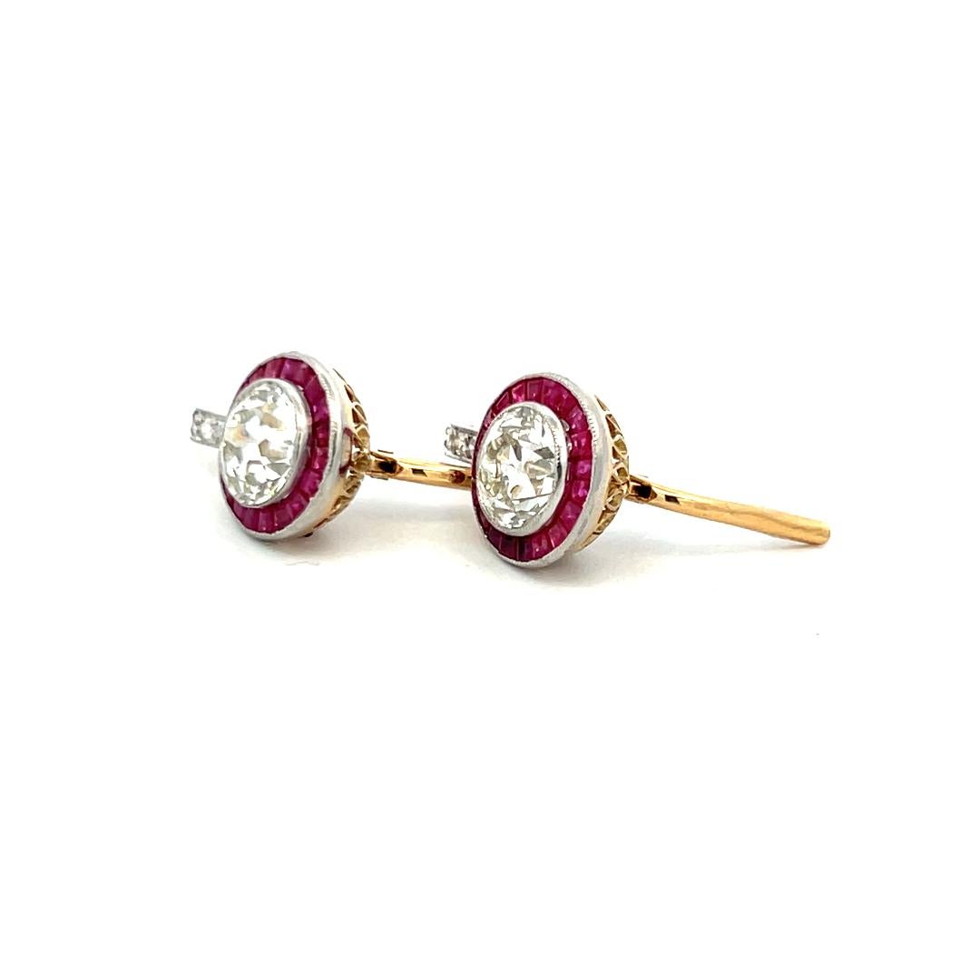 3.49 Carat Old European Cut Diamond 0.40 Carat Ruby 18K Gold/Plat Earrings For Sale 5