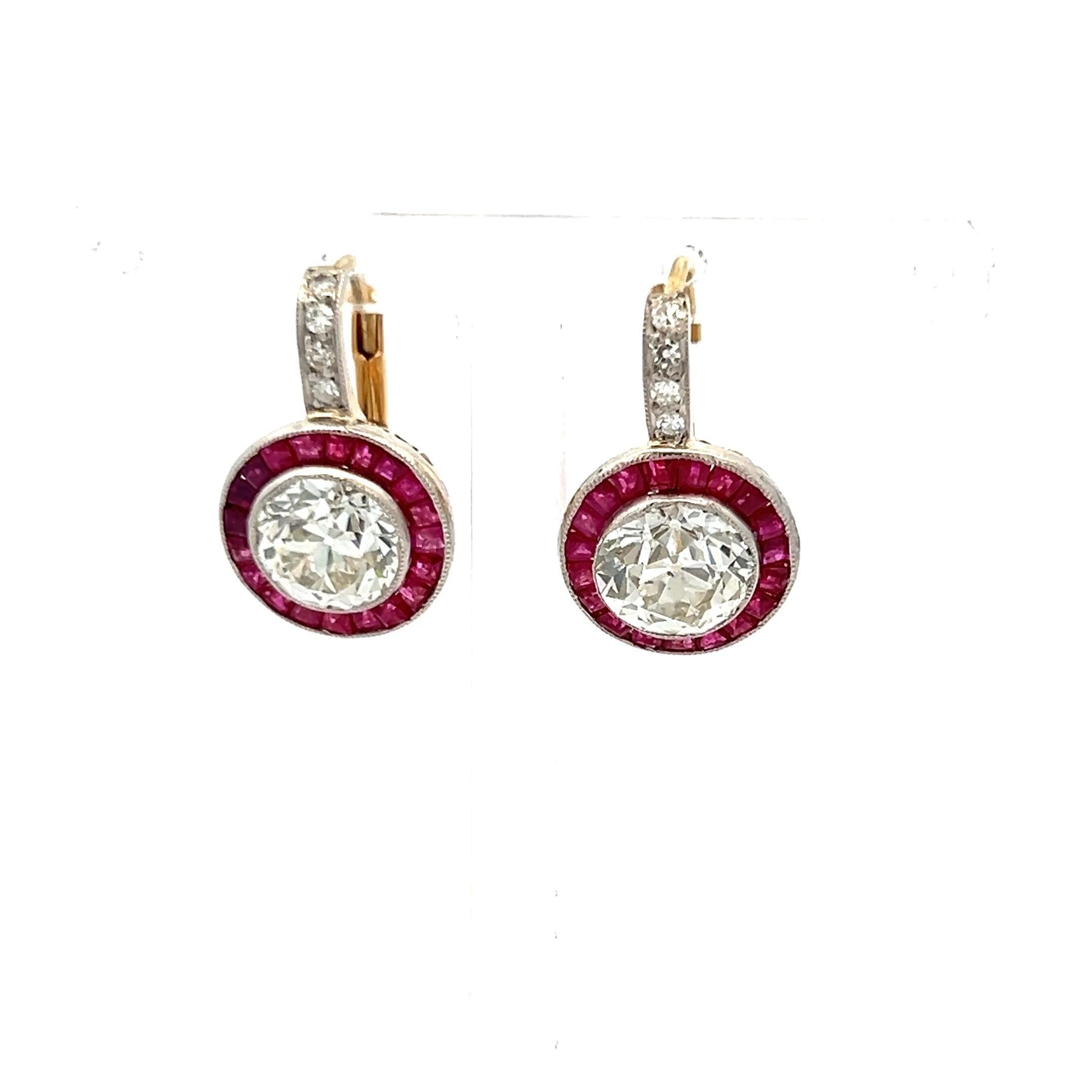 3.49 Carat Old European Cut Diamond 0.40 Carat Ruby 18K Gold/Plat Earrings For Sale