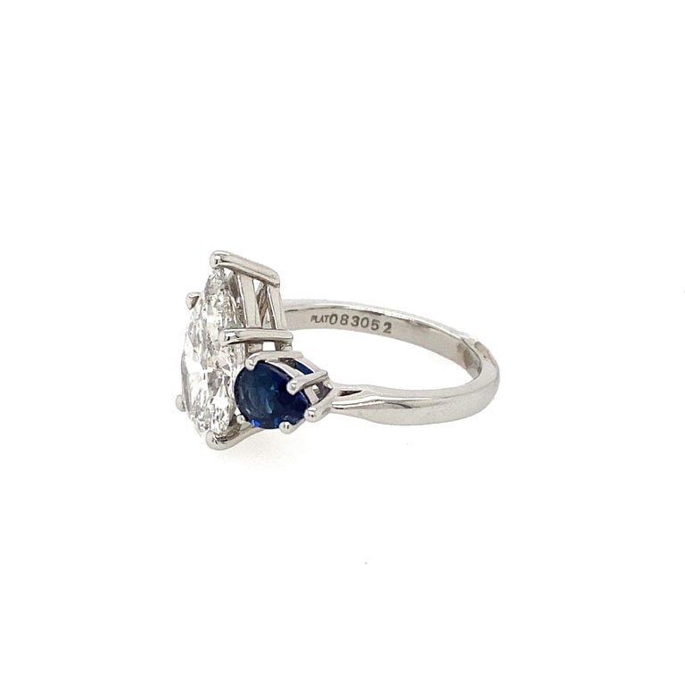 3.49 Carat Pear Shape Diamond and Sapphire Ring For Sale at 1stDibs
