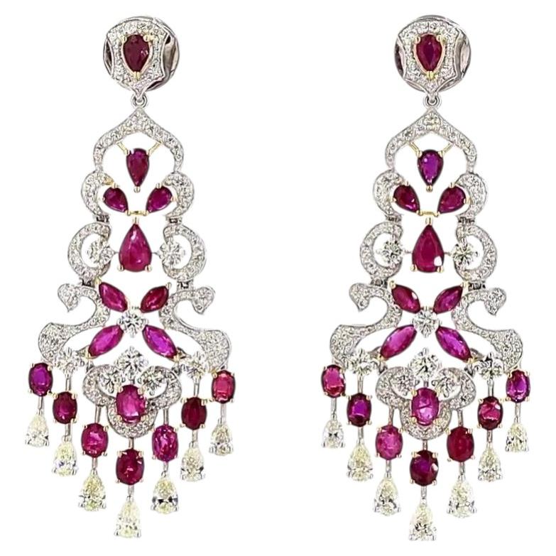 3.49 Carat Round Brilliant Cut White Diamond Blue Diamond Ruby Gold Earrings For Sale