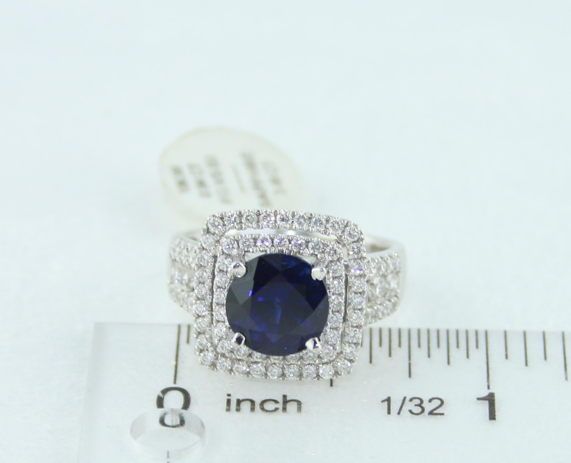 3.49 Carat Round Cut Blue Sapphire Diamond Gold Ring For Sale 4