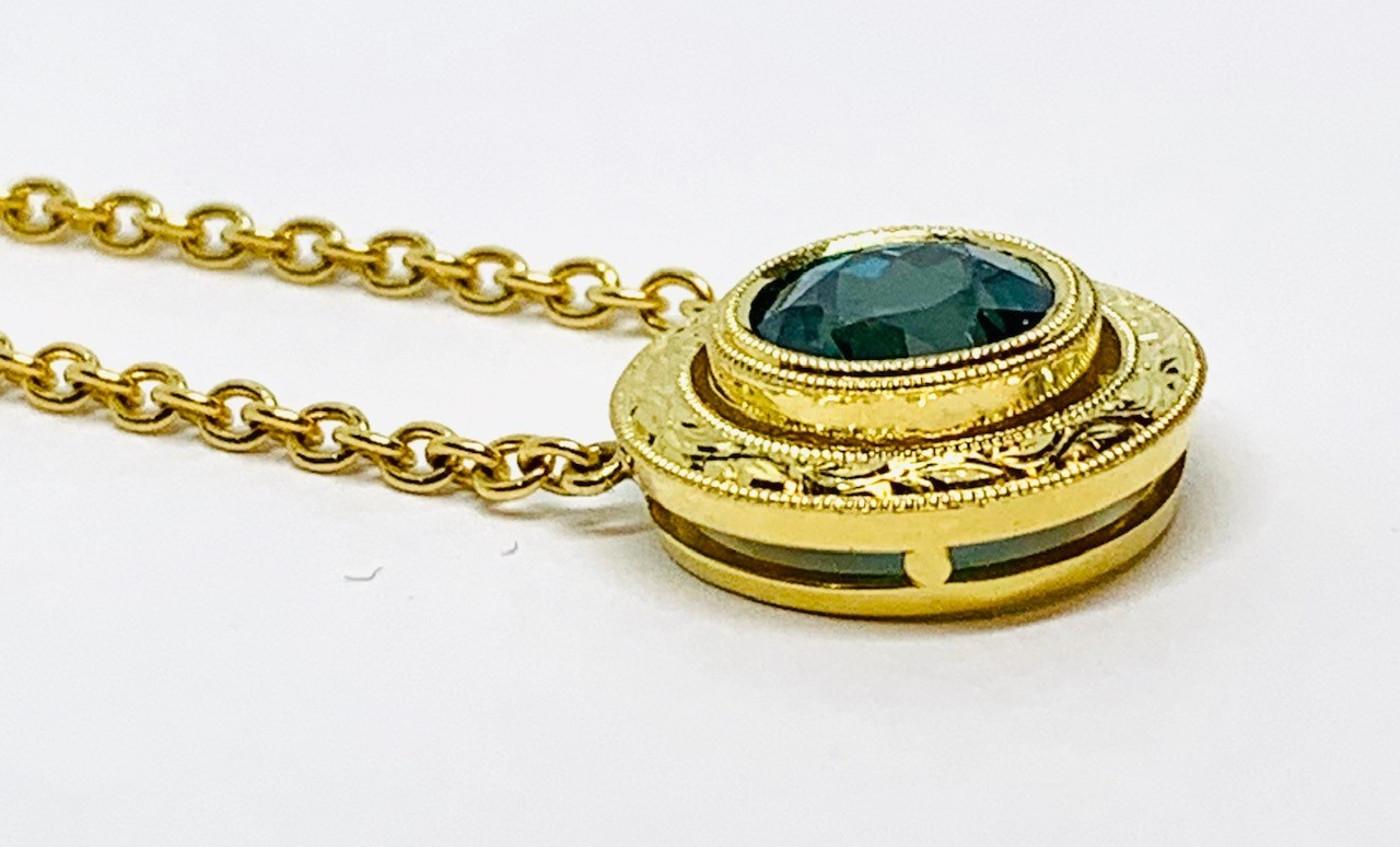 Artisan 3.49 ct. Round Blue Zircon, 18k Yellow Gold Bezel Drop Pendant Chain Necklace