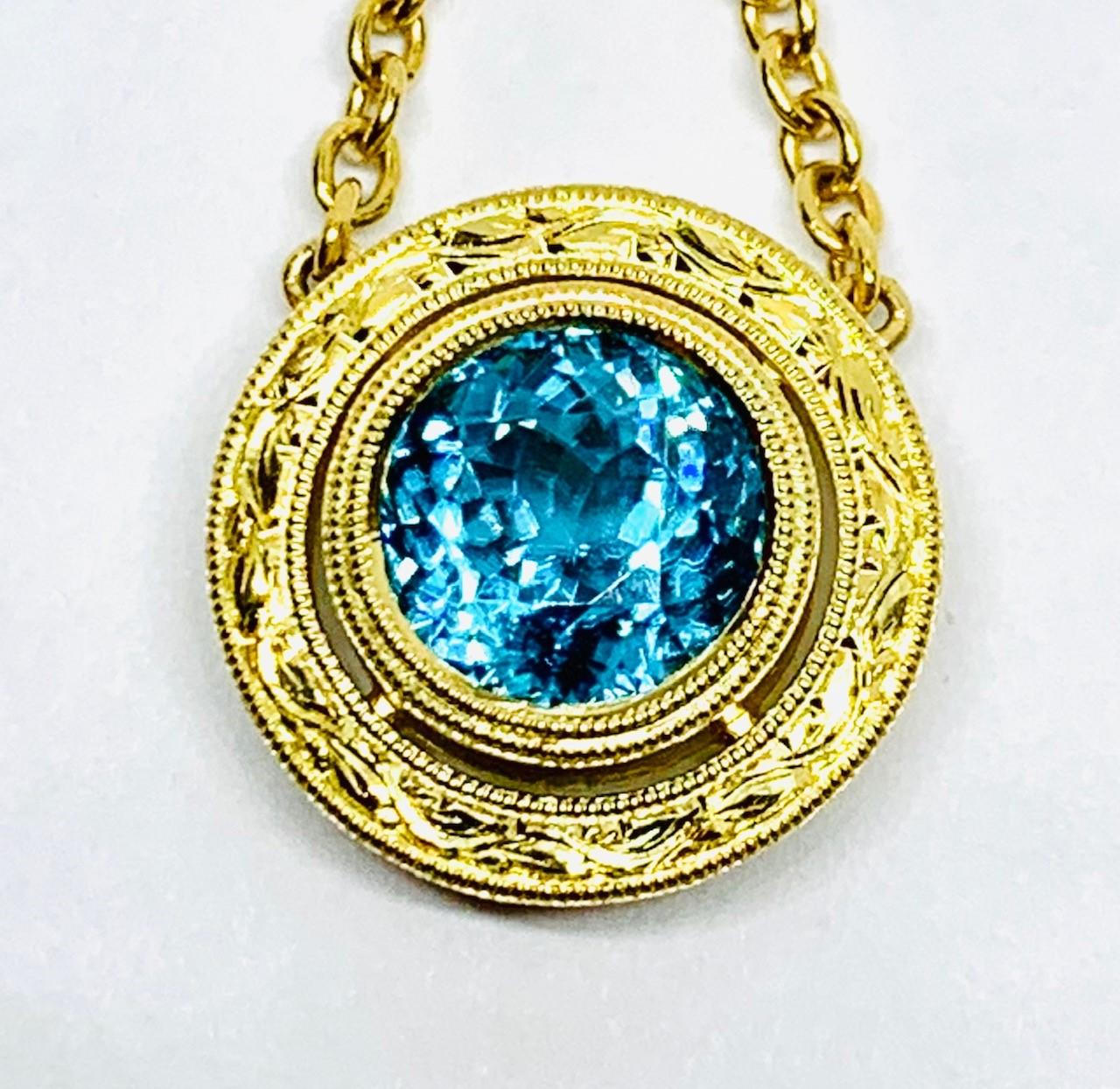 Women's 3.49 ct. Round Blue Zircon, 18k Yellow Gold Bezel Drop Pendant Chain Necklace