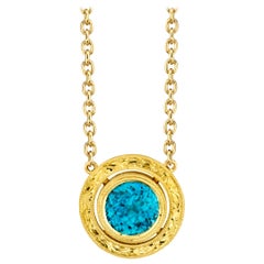 3.49 ct. Round Blue Zircon, 18k Yellow Gold Bezel Drop Pendant Chain Necklace