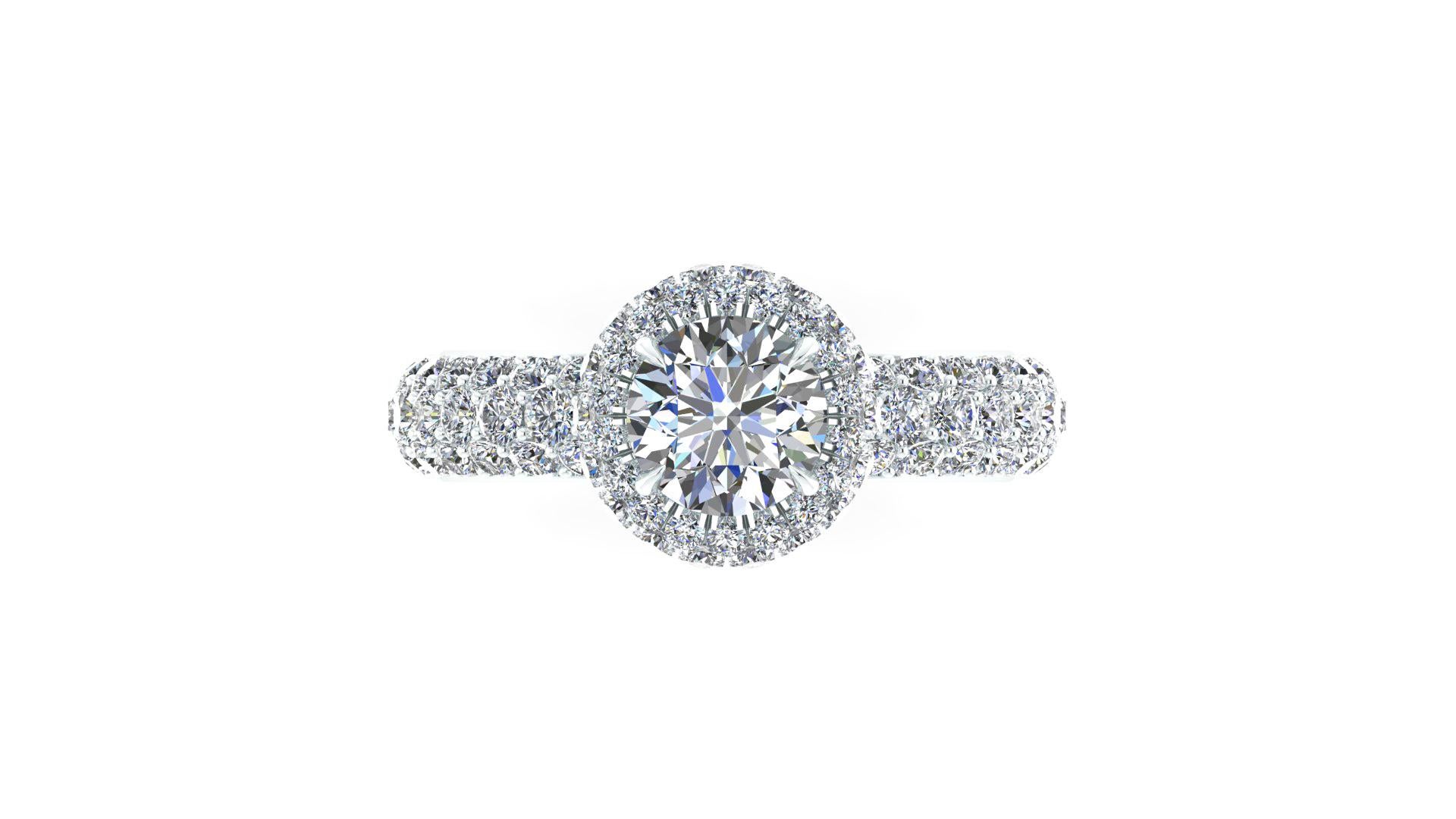 GIA Certified 1.06 Round diamond, G color, IF clarity, Internally Flawless with Triple Excellent Specs. a stunning classic, incredibly beautiful diamond set in a hand made Double Round Halo diamond and a triple pave' set diamond shank eternity style