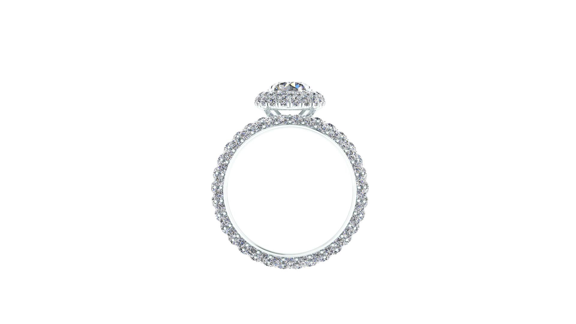 Round Cut 3.49 Ct GIA Certified Round Diamond Round Halo Triple Pave Shank Platinum Ring For Sale
