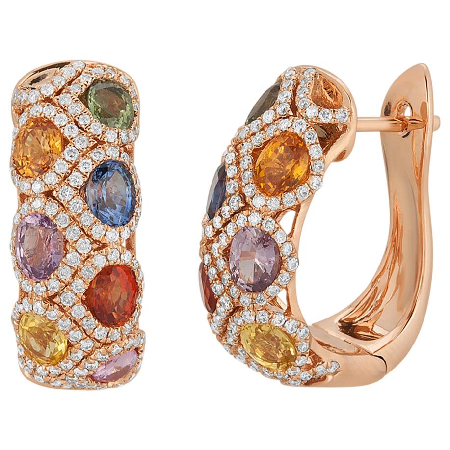 3.49 Ct Multi-Color Sapphires 1.10 Ct Diamonds 18K Rose Gold Huggie Earrings For Sale