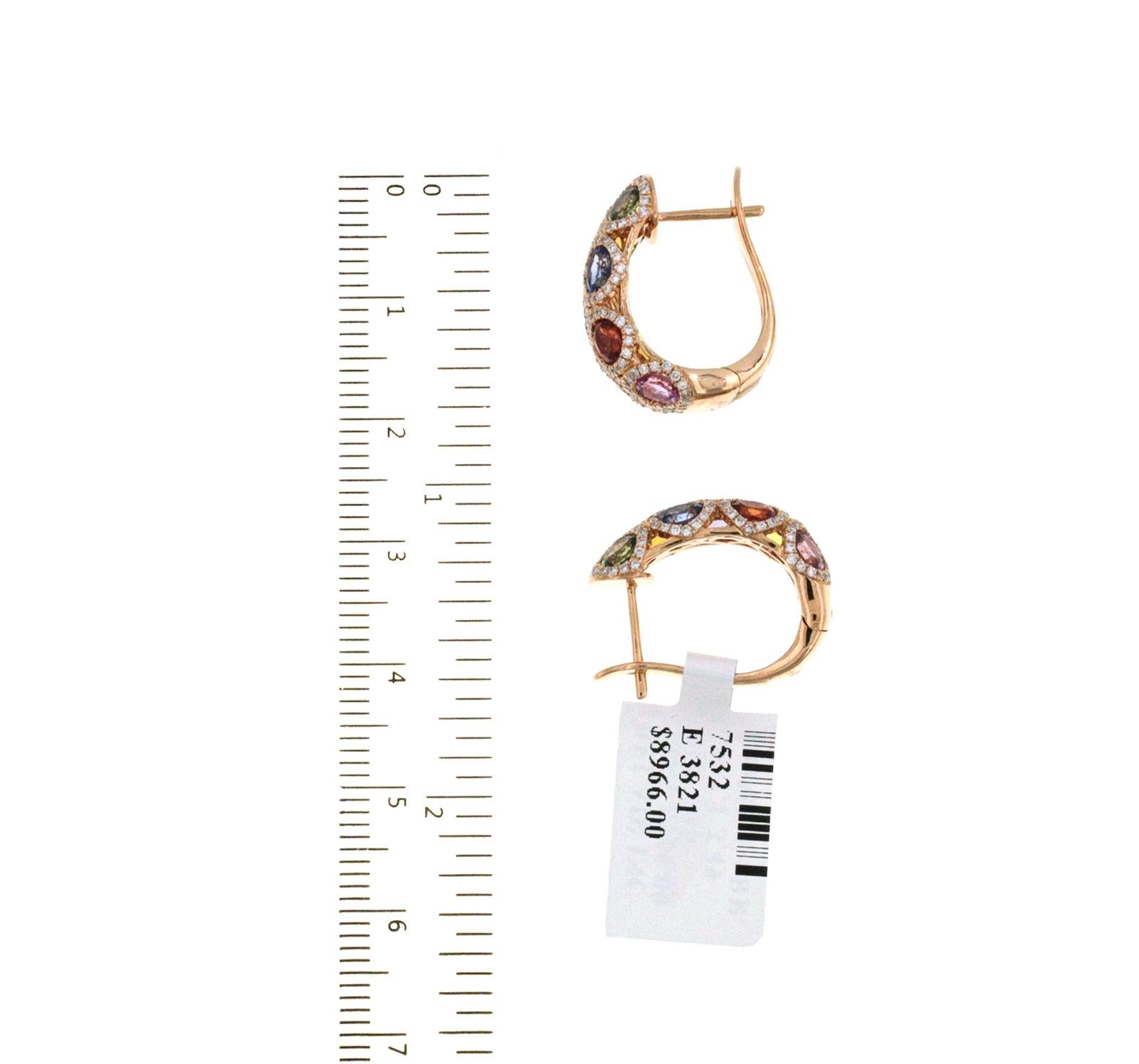 3.49 Ct Multi-Color Sapphires 1.10 Ct Diamonds 18K Rose Gold Huggie Earrings In Excellent Condition For Sale In Los Angeles, CA