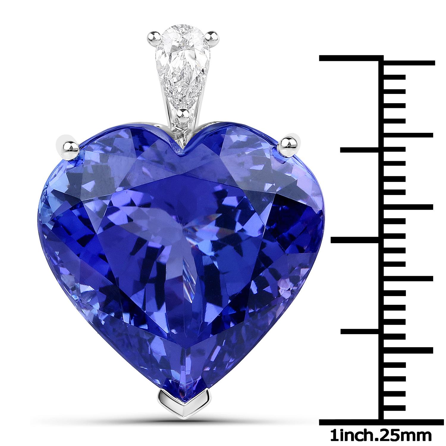 34.94 Carat Statement Heart-shape Tanzanite and 1/3 Carat Pear-shaped Diamond 18K White Gold Pendant Necklace

Center Stone Details: 
Stone: Tanzanite
Shape: Heart Shape 
Size: 20.20mm x 19.70mm
Weight: 34.94 carat

Diamond Details:
Shape: Pear