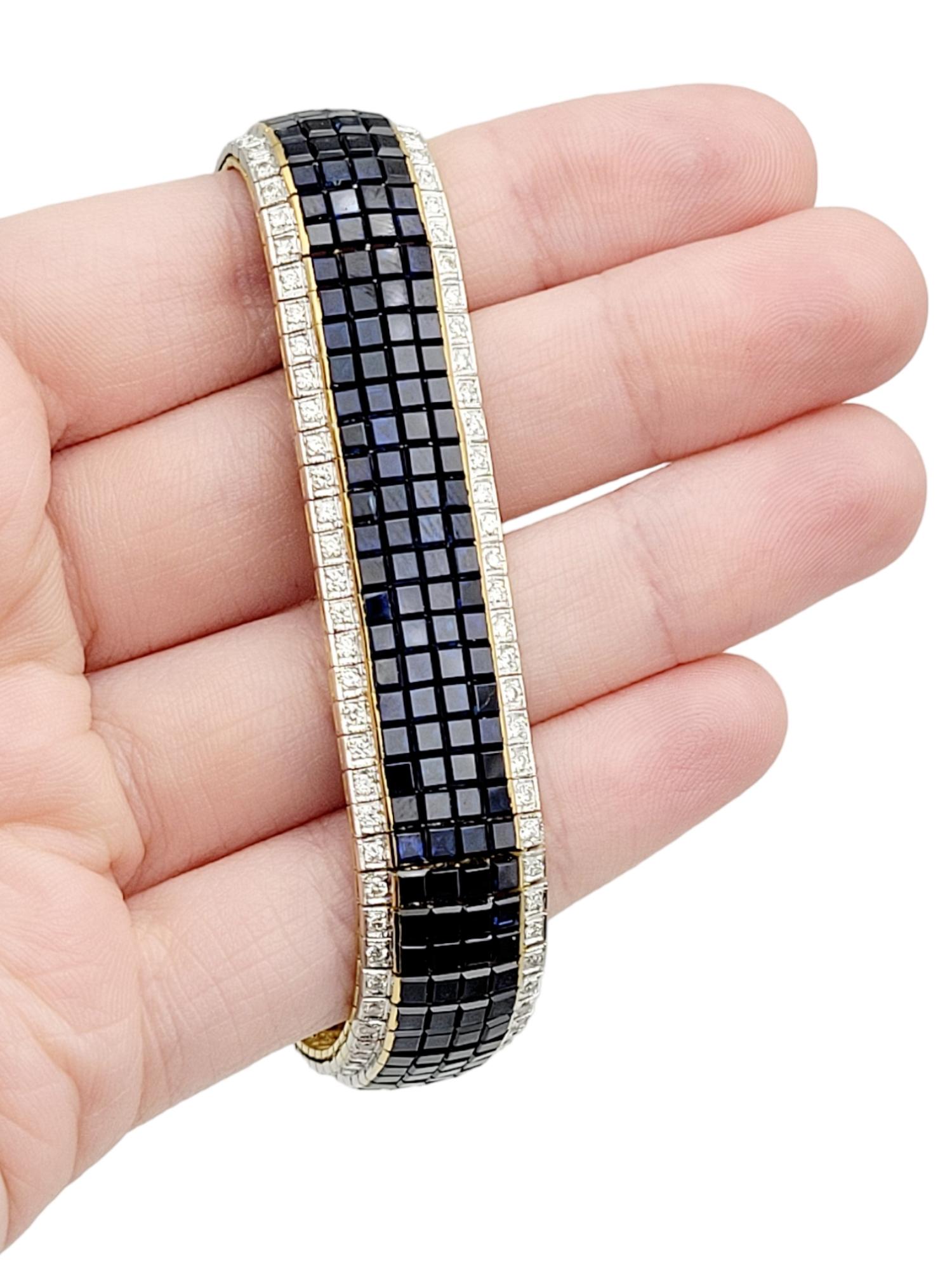 34.94 Carats Total Multi Row Sapphire and Diamond Bracelet 18 Karat Gold Cuff 6