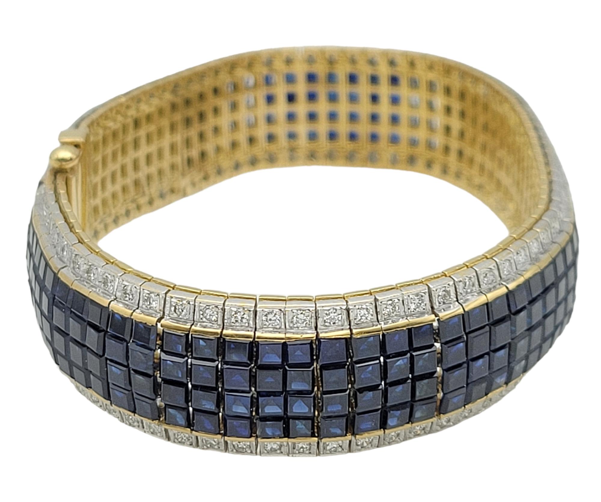 Contemporary 34.94 Carats Total Multi Row Sapphire and Diamond Bracelet 18 Karat Gold Cuff