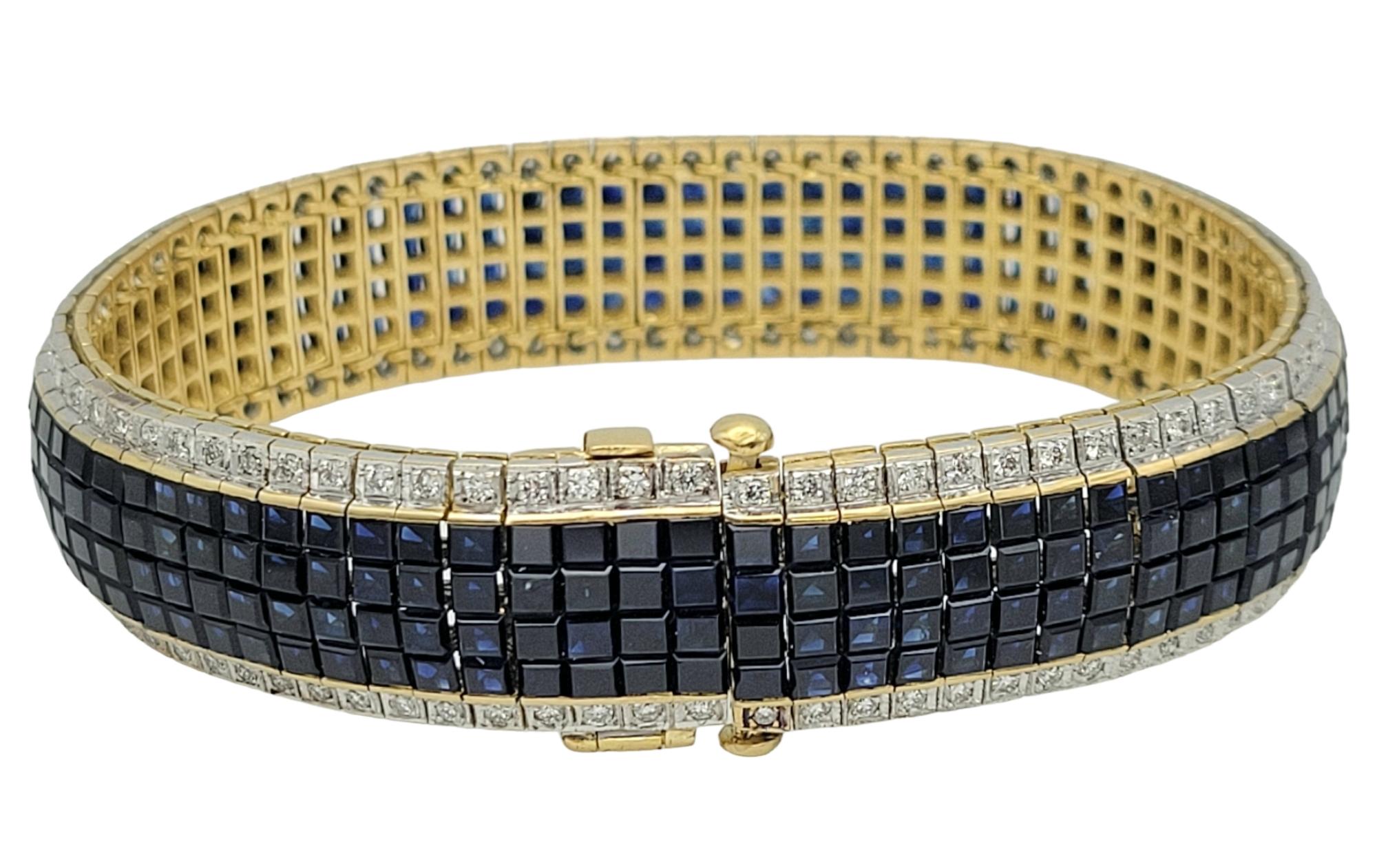 Square Cut 34.94 Carats Total Multi Row Sapphire and Diamond Bracelet 18 Karat Gold Cuff