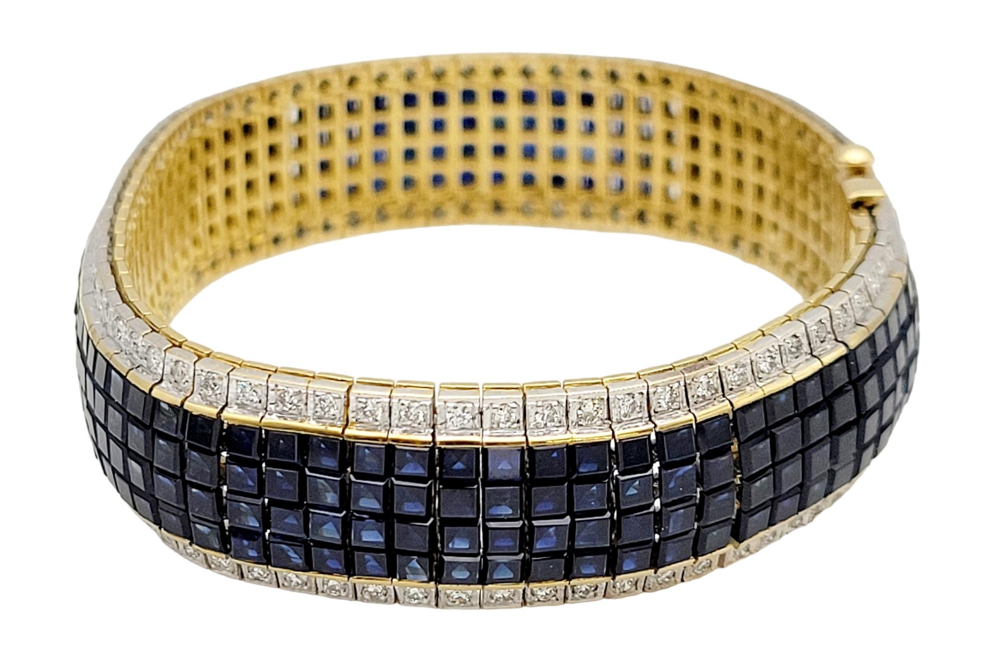 34.94 Carats Total Multi Row Sapphire and Diamond Bracelet 18 Karat Gold Cuff In Good Condition In Scottsdale, AZ