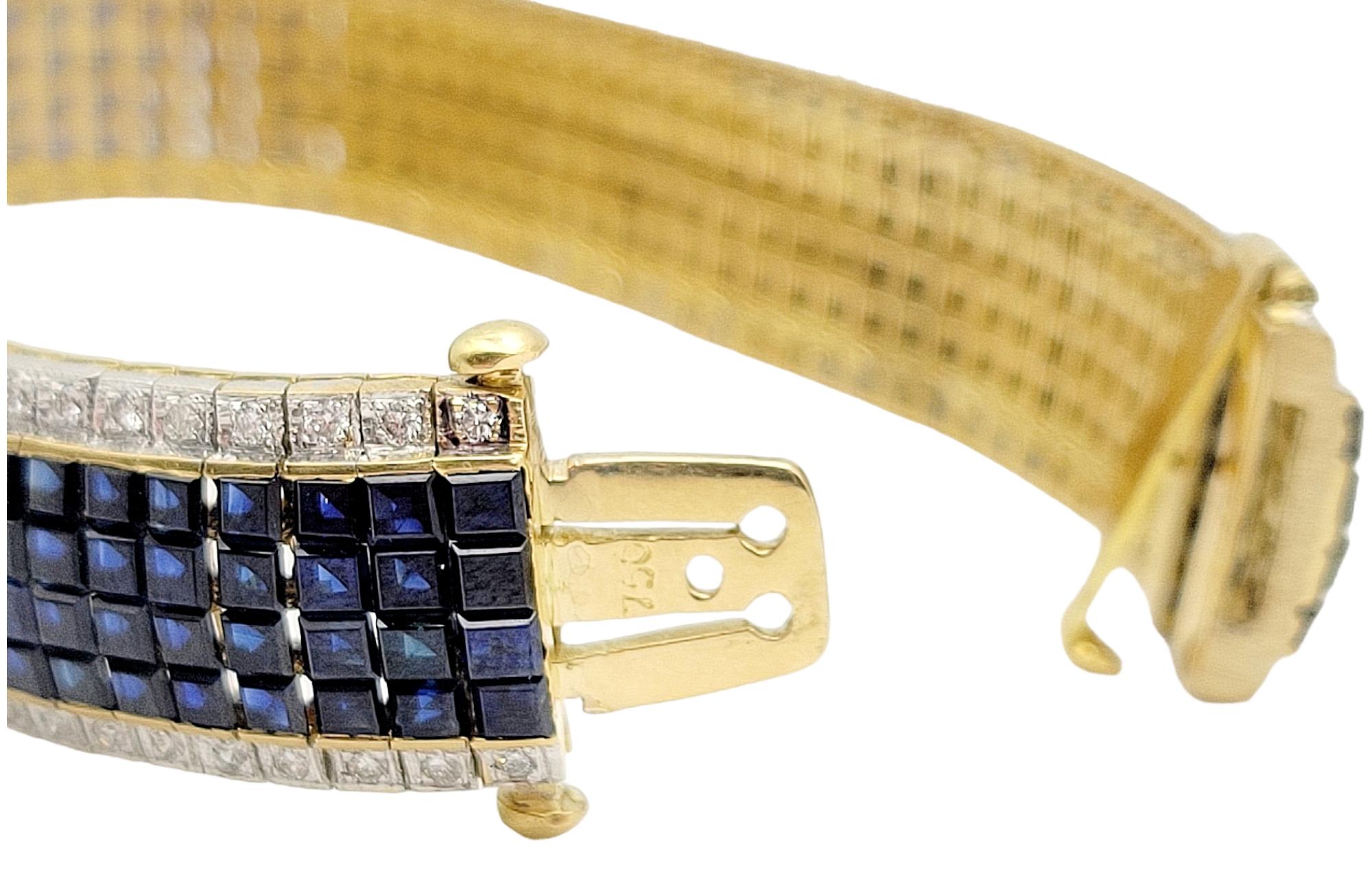 34.94 Carats Total Multi Row Sapphire and Diamond Bracelet 18 Karat Gold Cuff 1