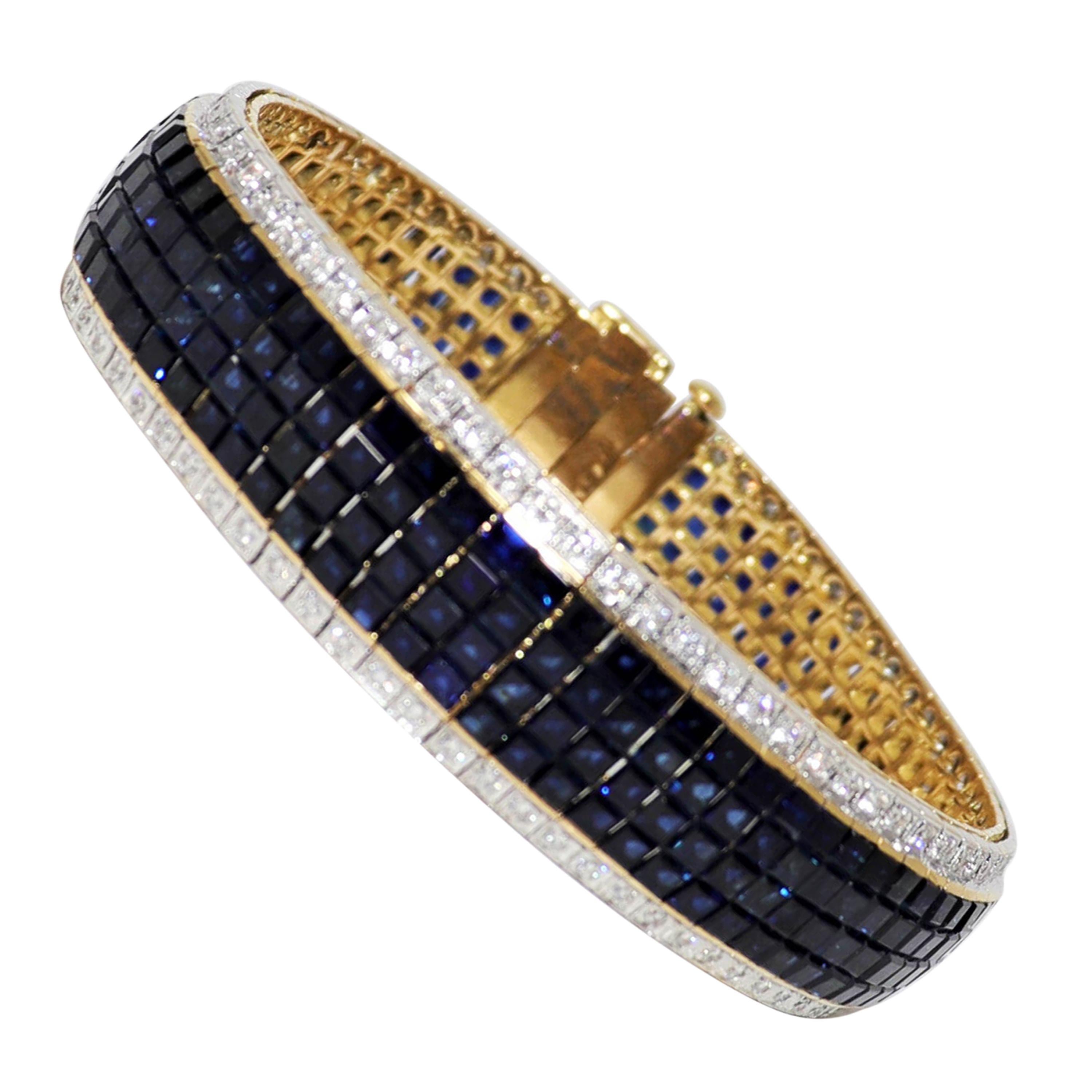 34.94 Carats Total Multi Row Sapphire and Diamond Bracelet 18 Karat Gold Cuff