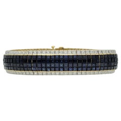 34.94 Carats Total Multi Row Sapphire and Diamond Bracelet 18 Karat Gold Cuff