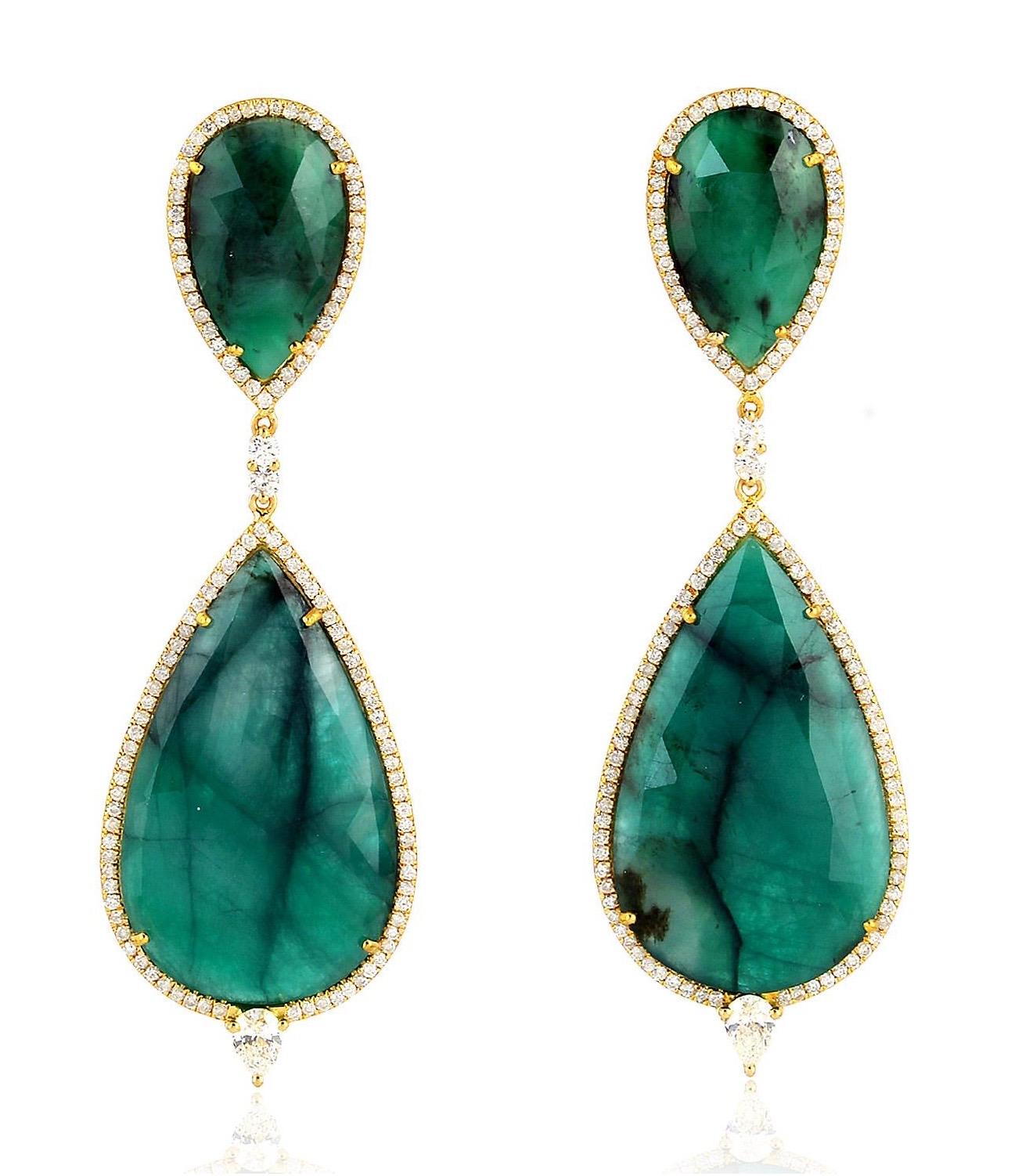 Pear Cut 34.95 Carat Emerald Diamond 18 Karat Gold Earrings For Sale