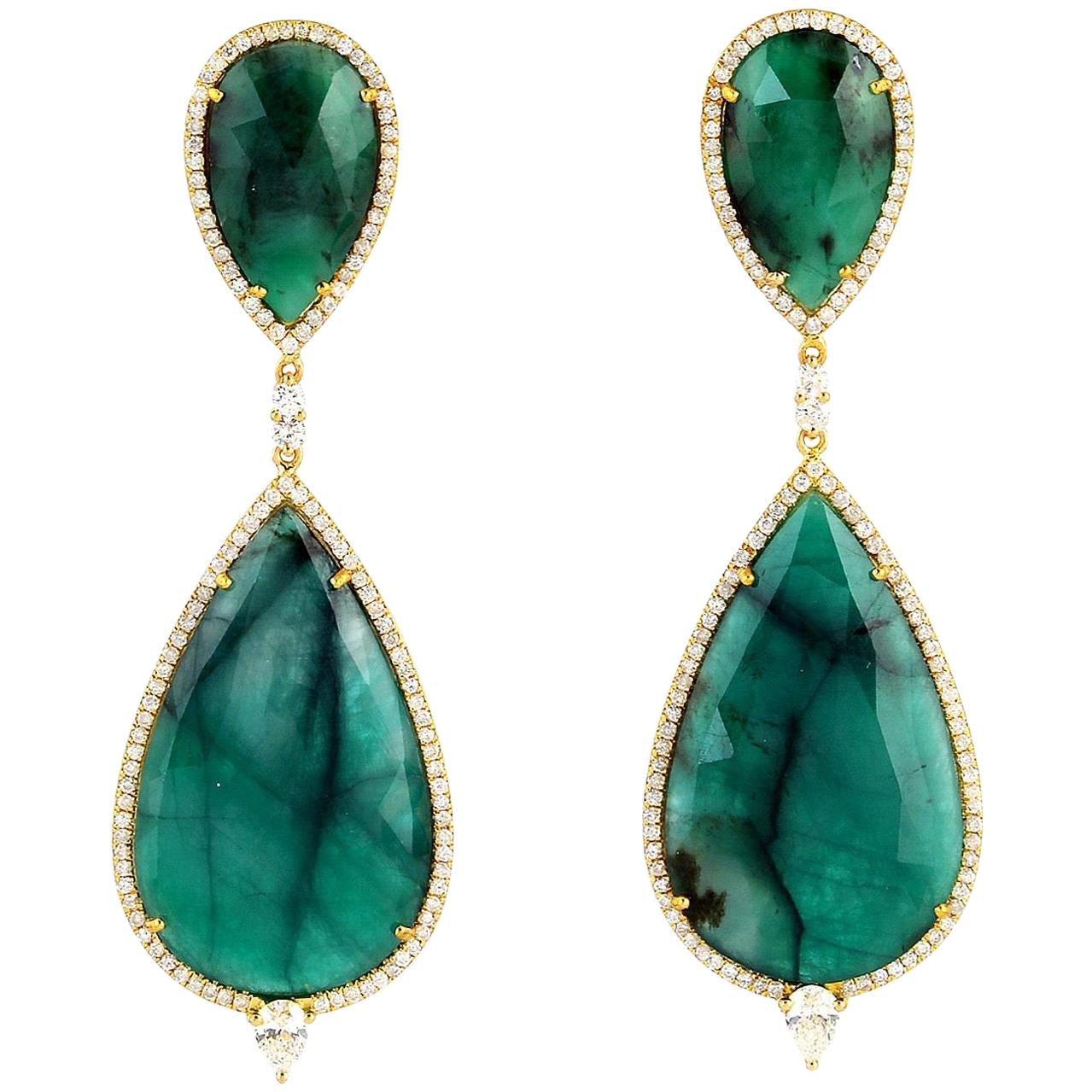 34.95 Carat Emerald Diamond 18 Karat Gold Earrings For Sale