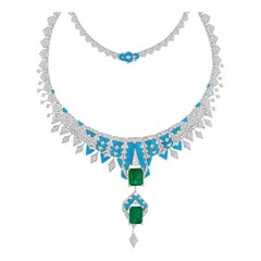 34.95 TCW Emerald Turquoise Diamond Choker Drop Necklace 14k White Gold