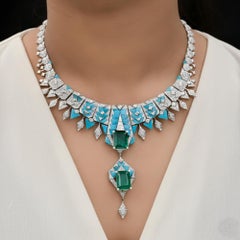 34.95 TCW Emerald Turquoise Diamond Choker Drop Necklace 18k White Gold