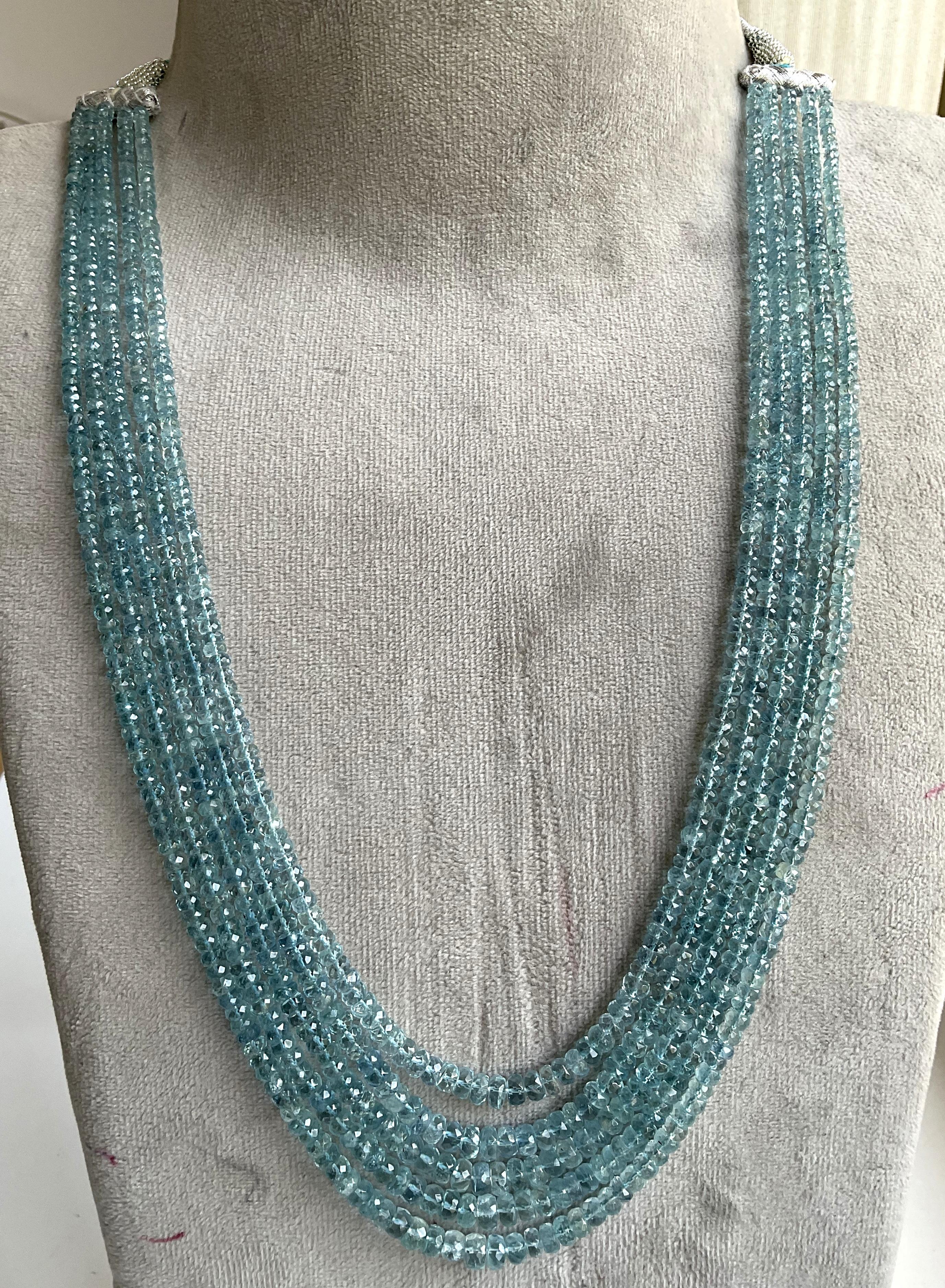 349.75 carats Aquamarine Beaded Necklace 5 Strand Faceted Beads good Quality Gem For Sale 2
