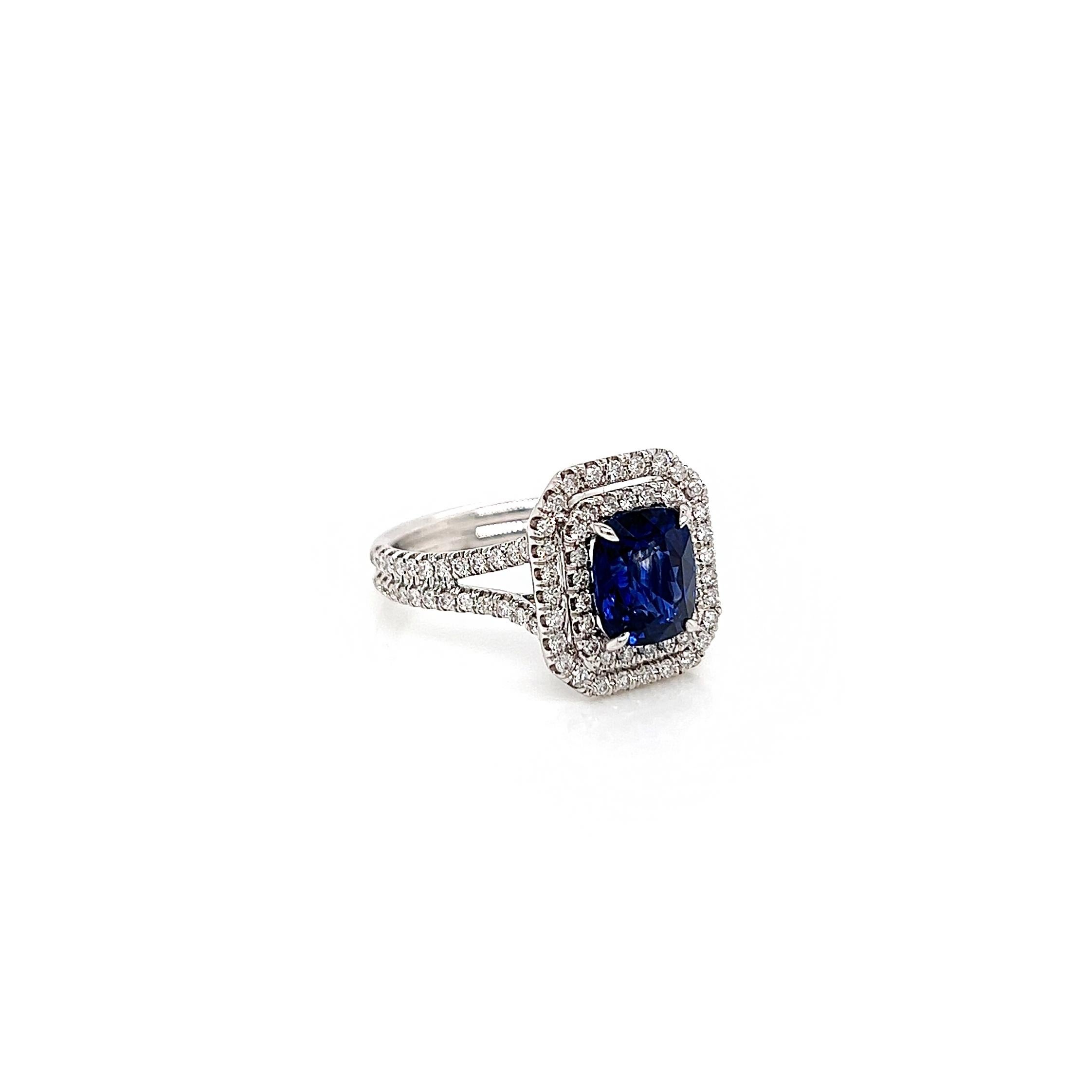 Cushion Cut 3.49 Total Carat Sapphire and Diamond Double-Halo Micro Pave-Set Ladies Ring For Sale