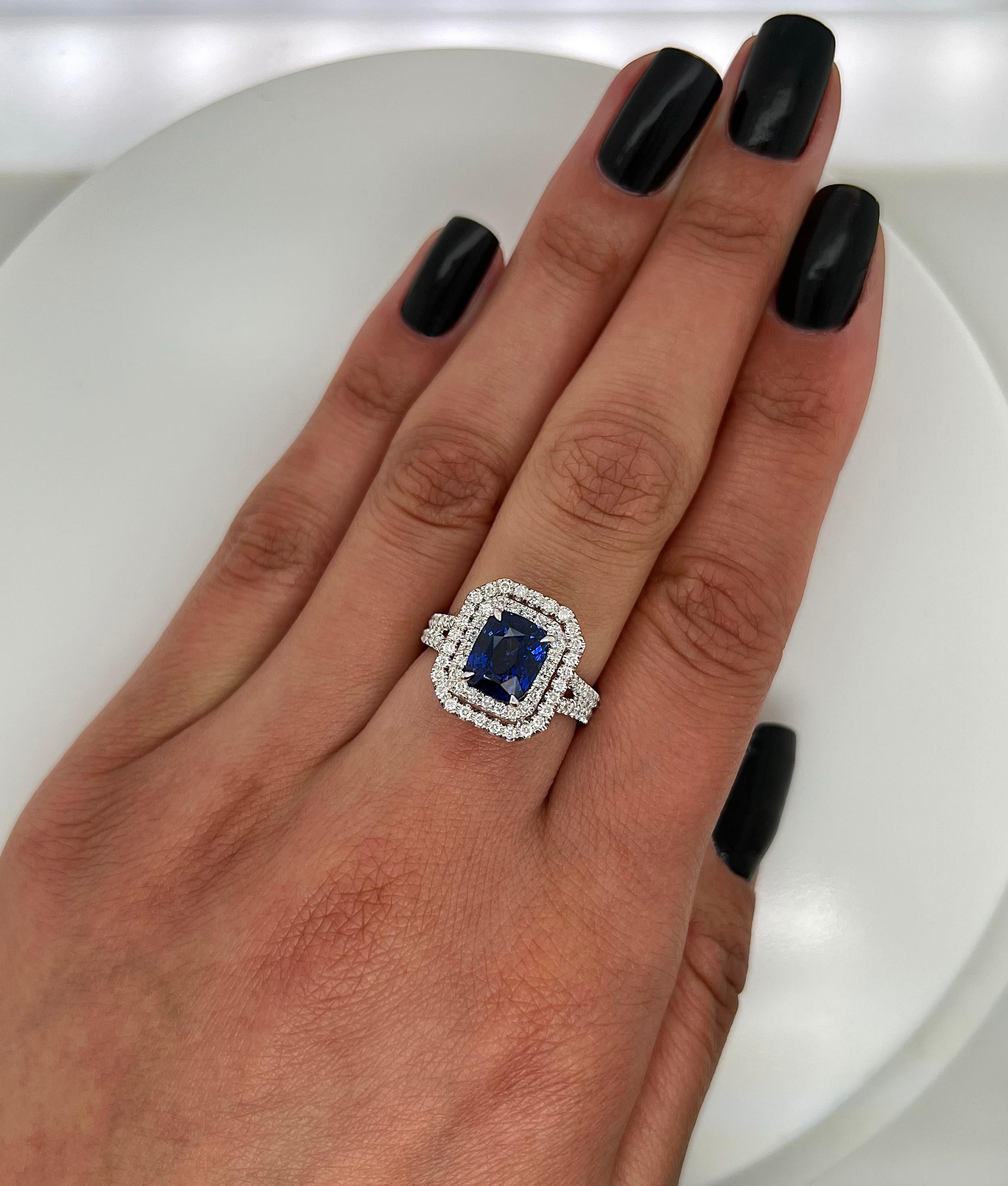 3.49 Total Carat Sapphire and Diamond Double-Halo Micro Pave-Set Ladies Ring In New Condition For Sale In New York, NY