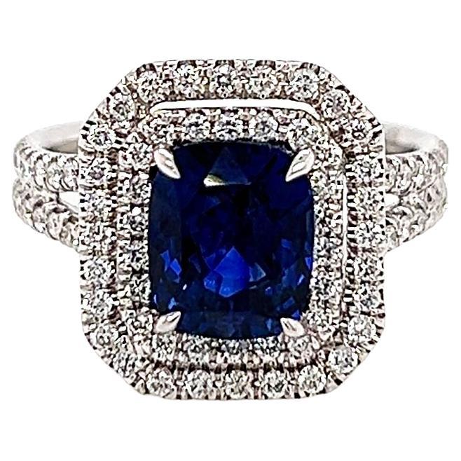 3.49 Total Carat Sapphire and Diamond Double-Halo Micro Pave-Set Ladies Ring For Sale