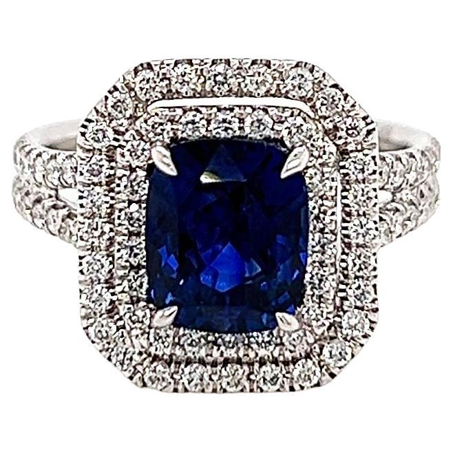 3.49 Total Carat Sapphire and Diamond Double-Halo Micro Pave-Set Ladies Ring