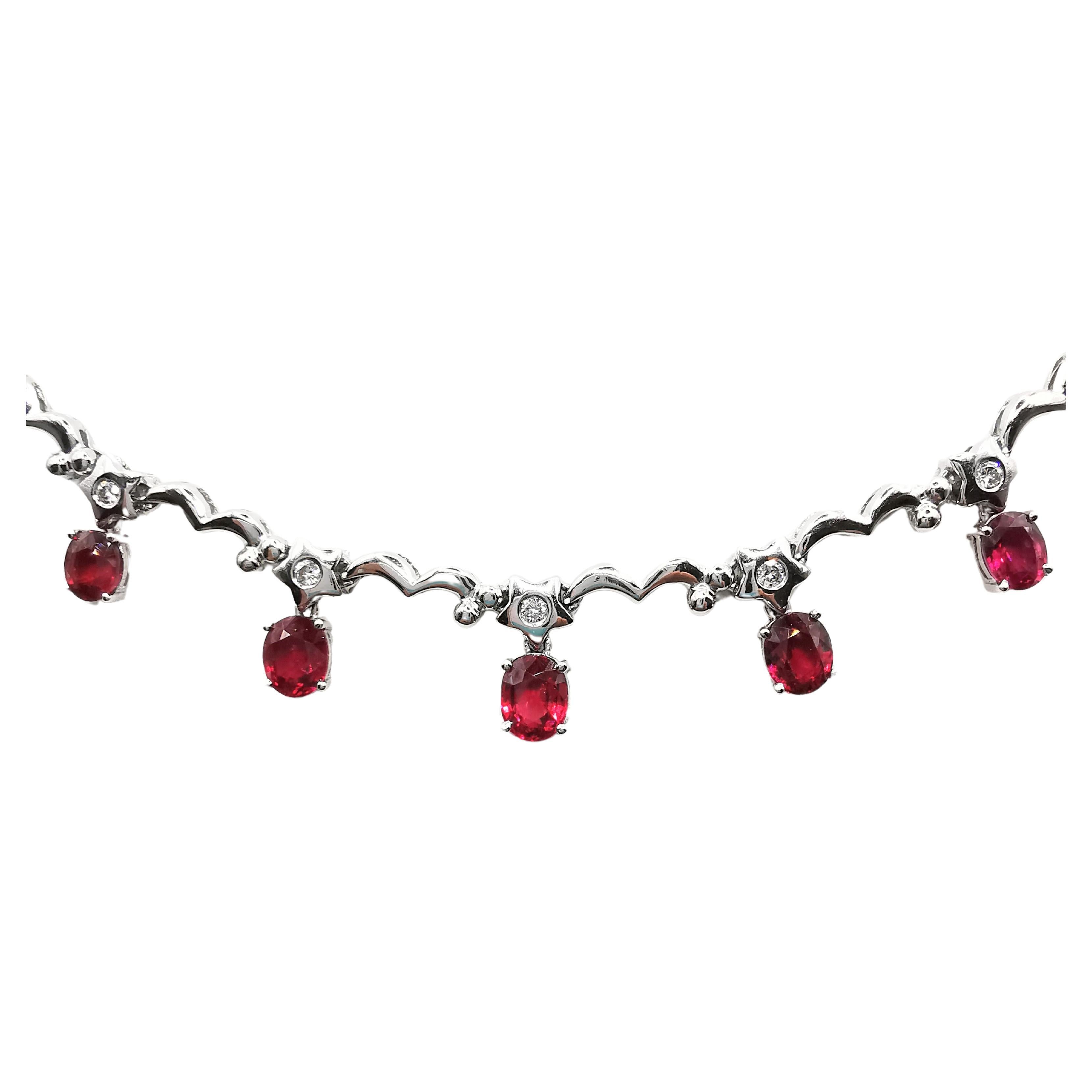 3.49ct Natural Oval Cut Pigeon Blood Ruby and Diamond Necklace in 18K White Gold For Sale